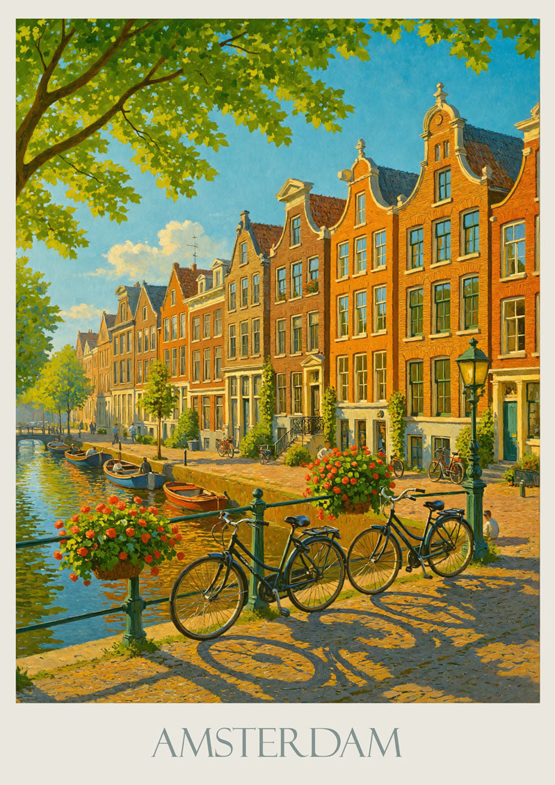 a painting of bicycles parked on the side of a street