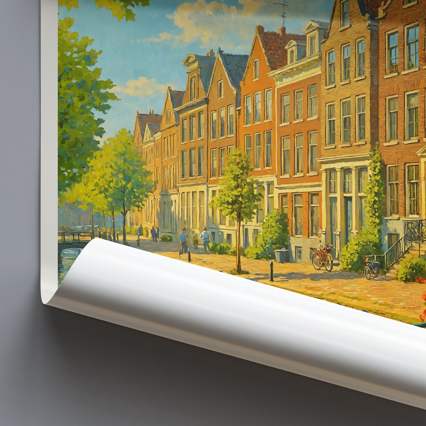 a painting of a city street with buildings