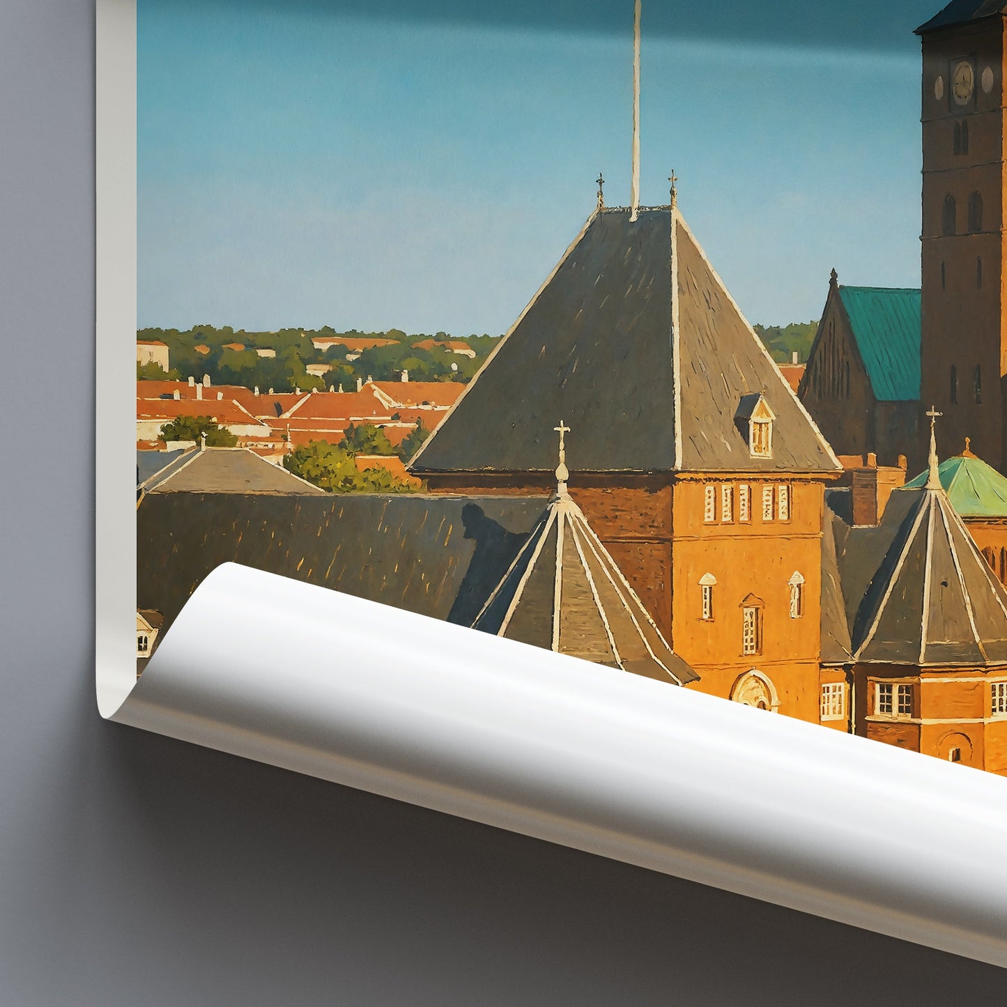 Aarhus Travel Poster, Denmark Cathedral Print | City Skyline Reflection Art | Nordic Home Decor Gift