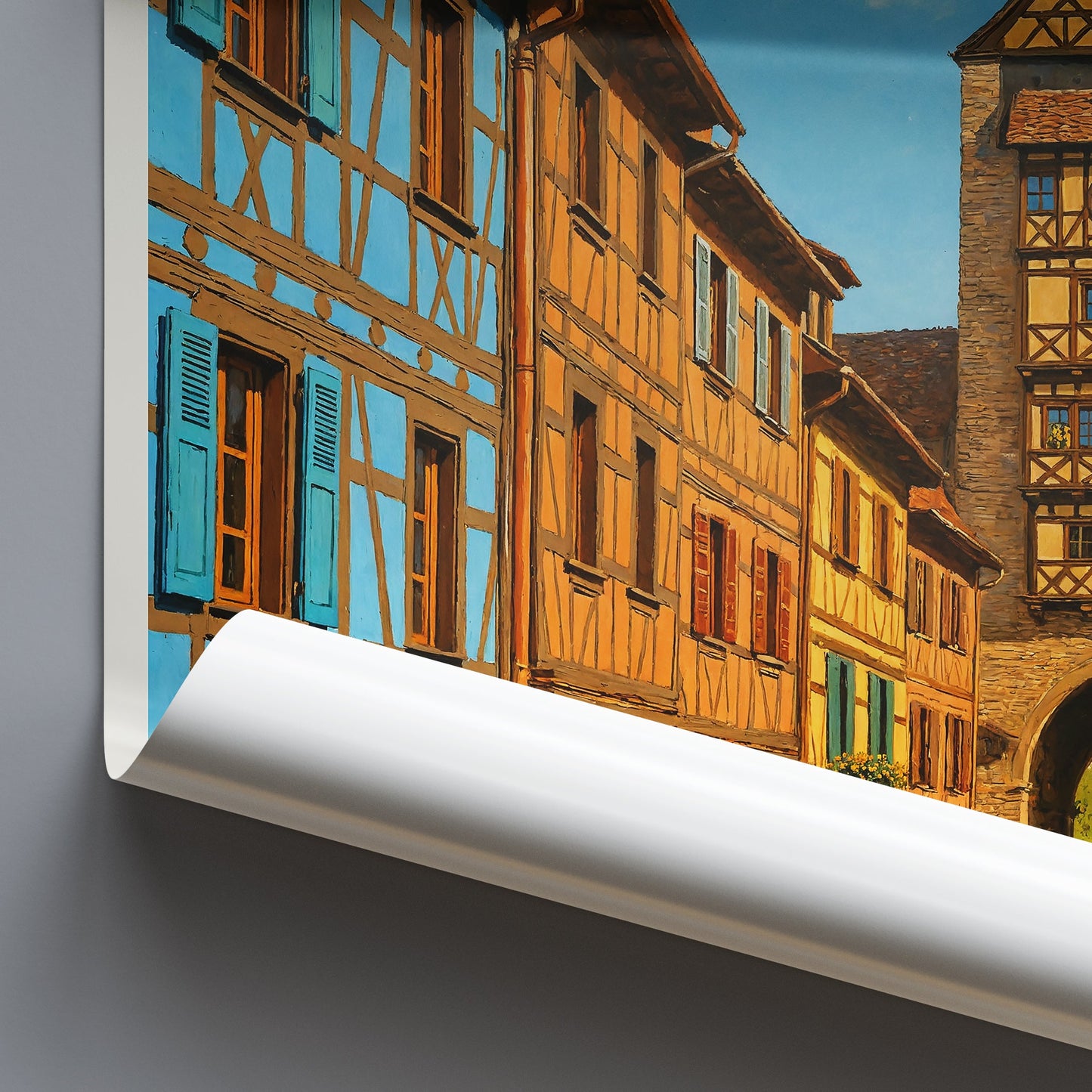 Alsace Travel Poster, Colorful Alsatian Street | France Half-Timbered Village Wall Art Print & Home Decor