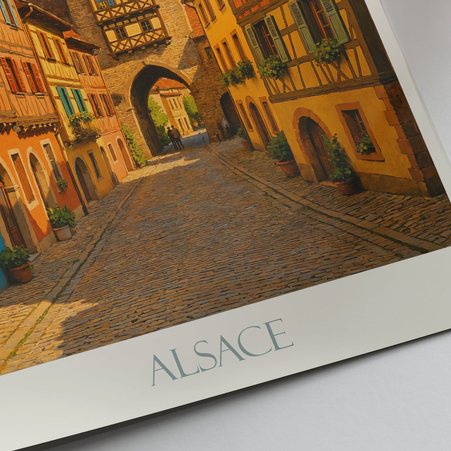 Alsace Travel Poster, Colorful Alsatian Street | France Half-Timbered Village Wall Art Print & Home Decor