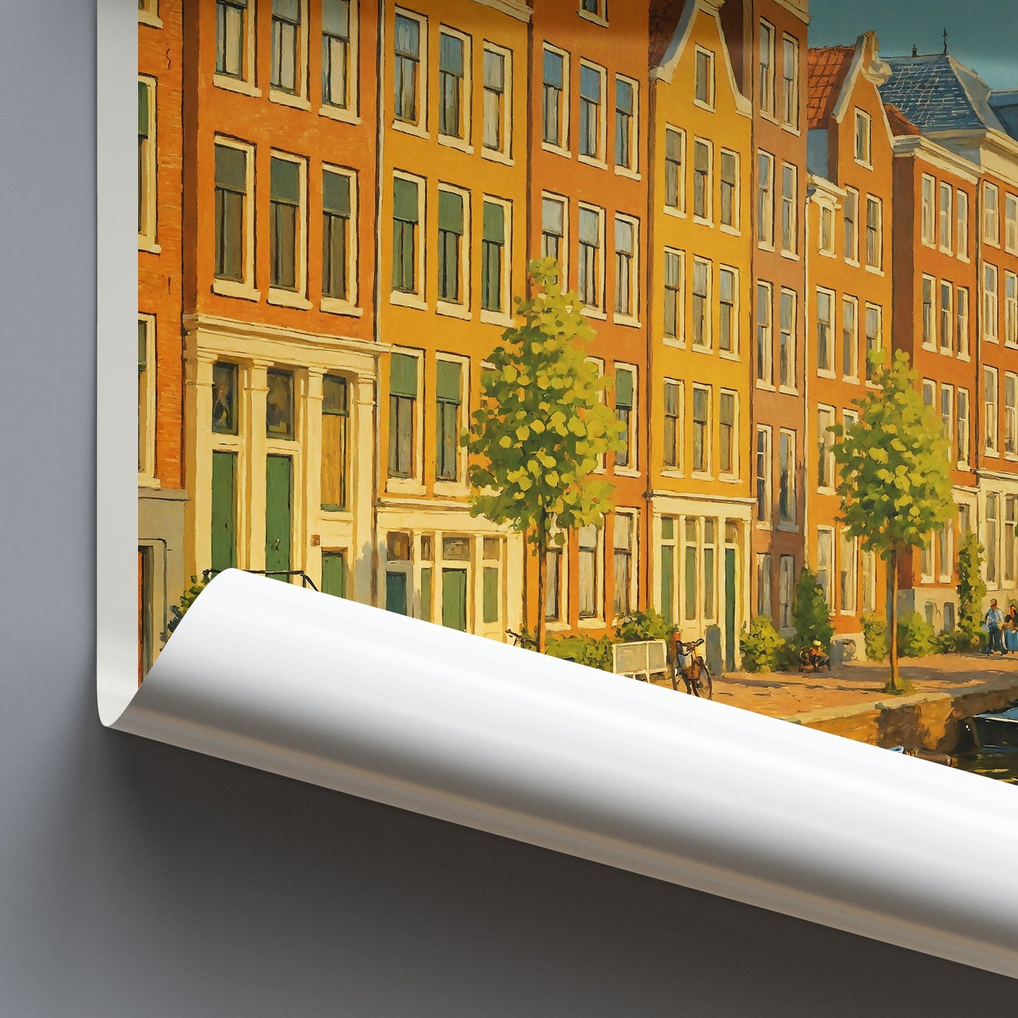 Amsterdam Travel Poster, Iconic Canal Scene ~ Netherlands Painted Wall Art Print & Home Decor | Bicycle City Gift