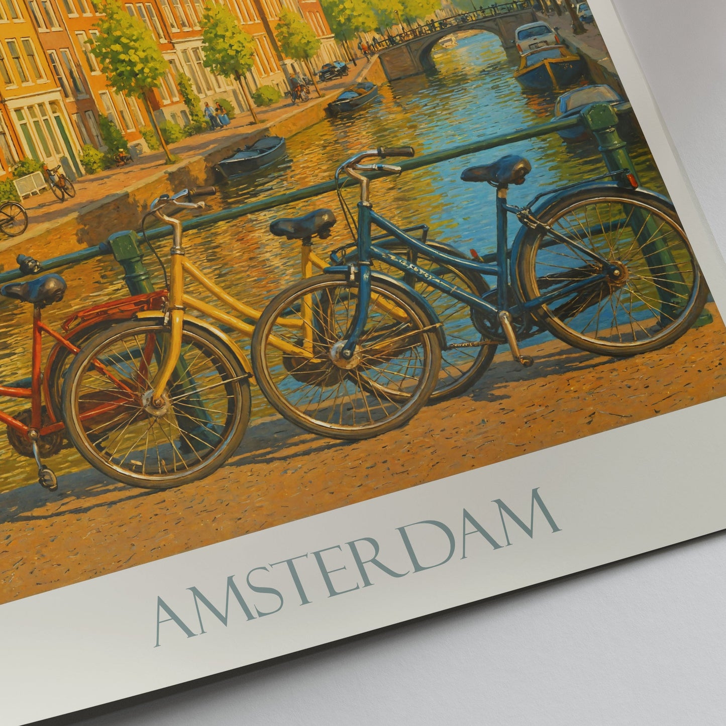 Amsterdam Travel Poster, Iconic Canal Scene ~ Netherlands Painted Wall Art Print & Home Decor | Bicycle City Gift