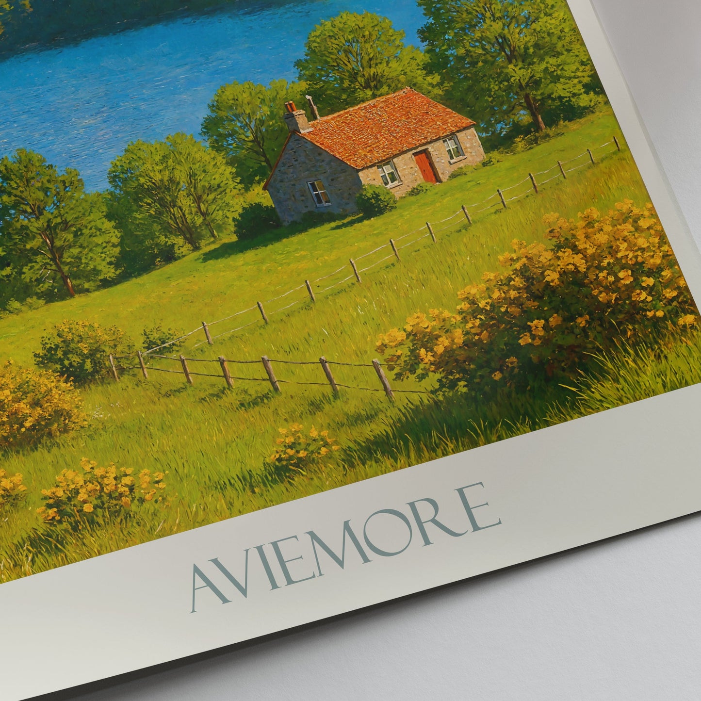Aviemore Travel Poster, Scottish Highlands Art Print | Charming Cottage Lake & Mountain Landscape