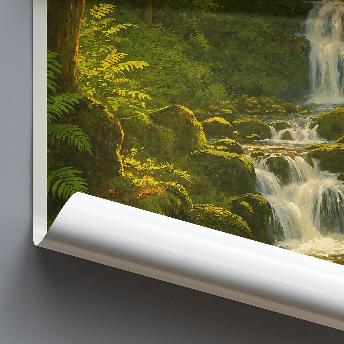Banagher Glen Waterfall Poster | Ireland Nature Art Print | Lush Forest Home Decor | Sunlit Green Scenery