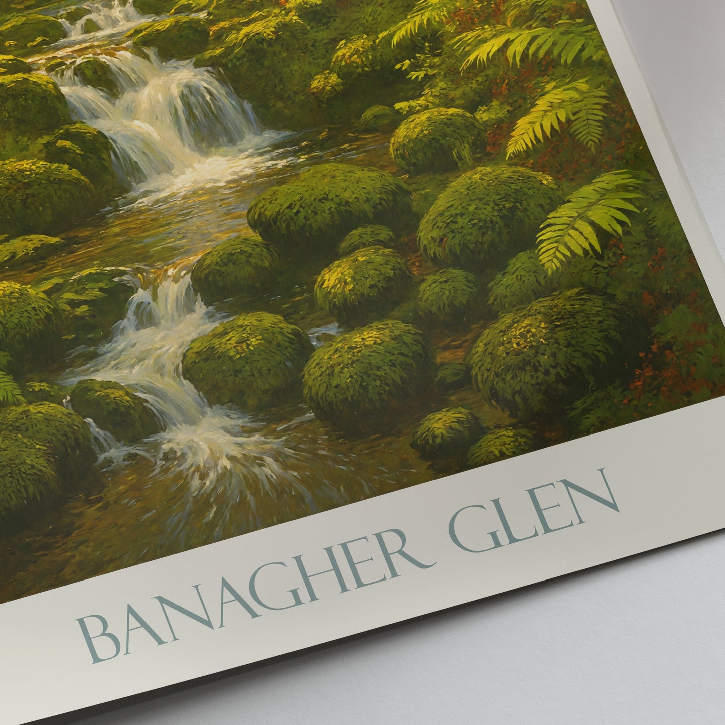 Banagher Glen Waterfall Poster | Ireland Nature Art Print | Lush Forest Home Decor | Sunlit Green Scenery