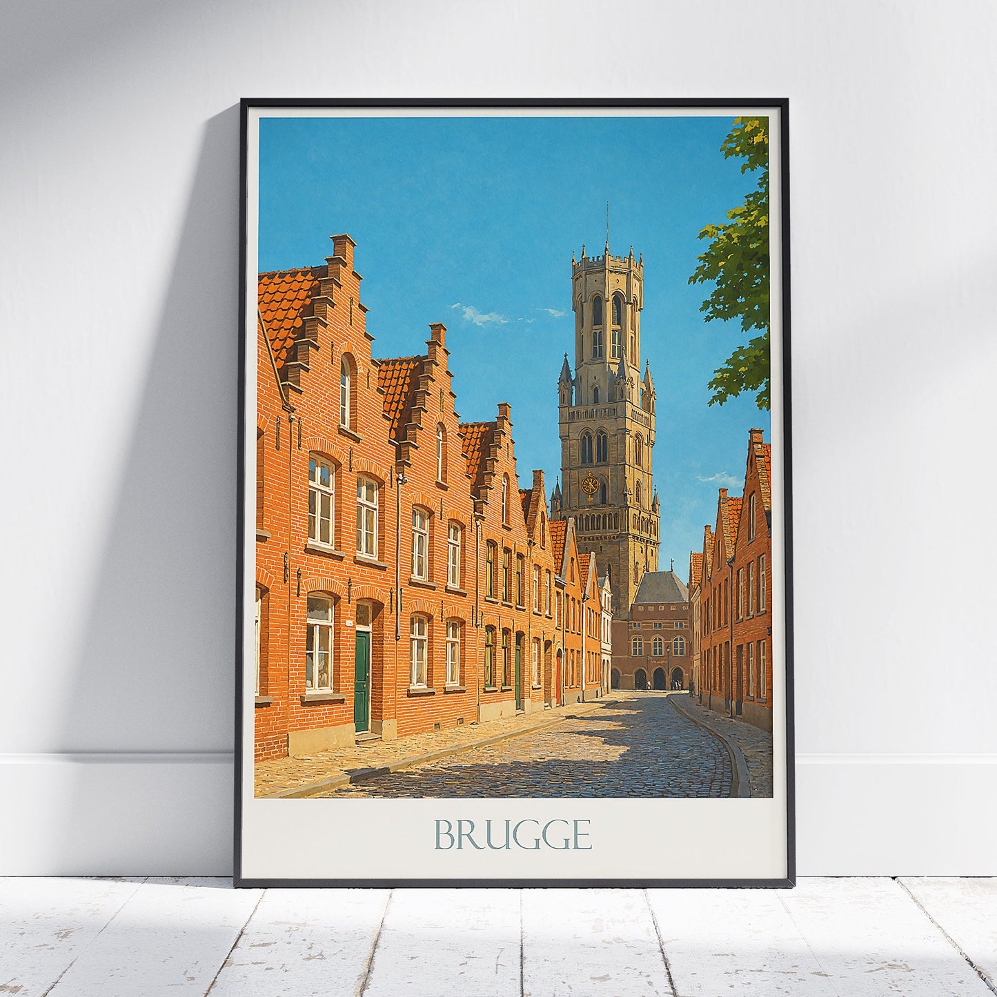 Bruges Travel Poster | Belgium Street Scene Art Print | Historic Belfry of Bruges Wall Art | European City Decor