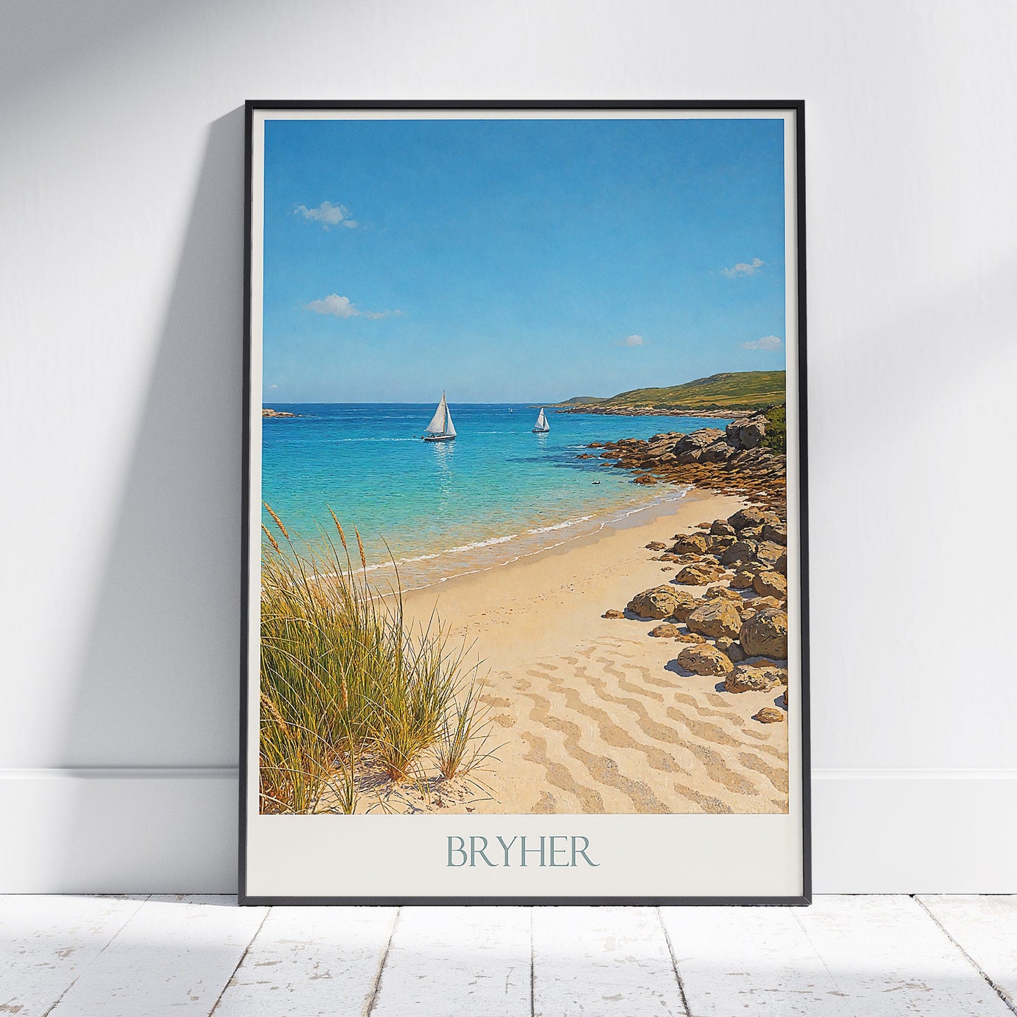 Bryher Travel Poster, Isles of Scilly Beach Art | Serene Coastal Wall Decor | Sailboat Print & Home Gift