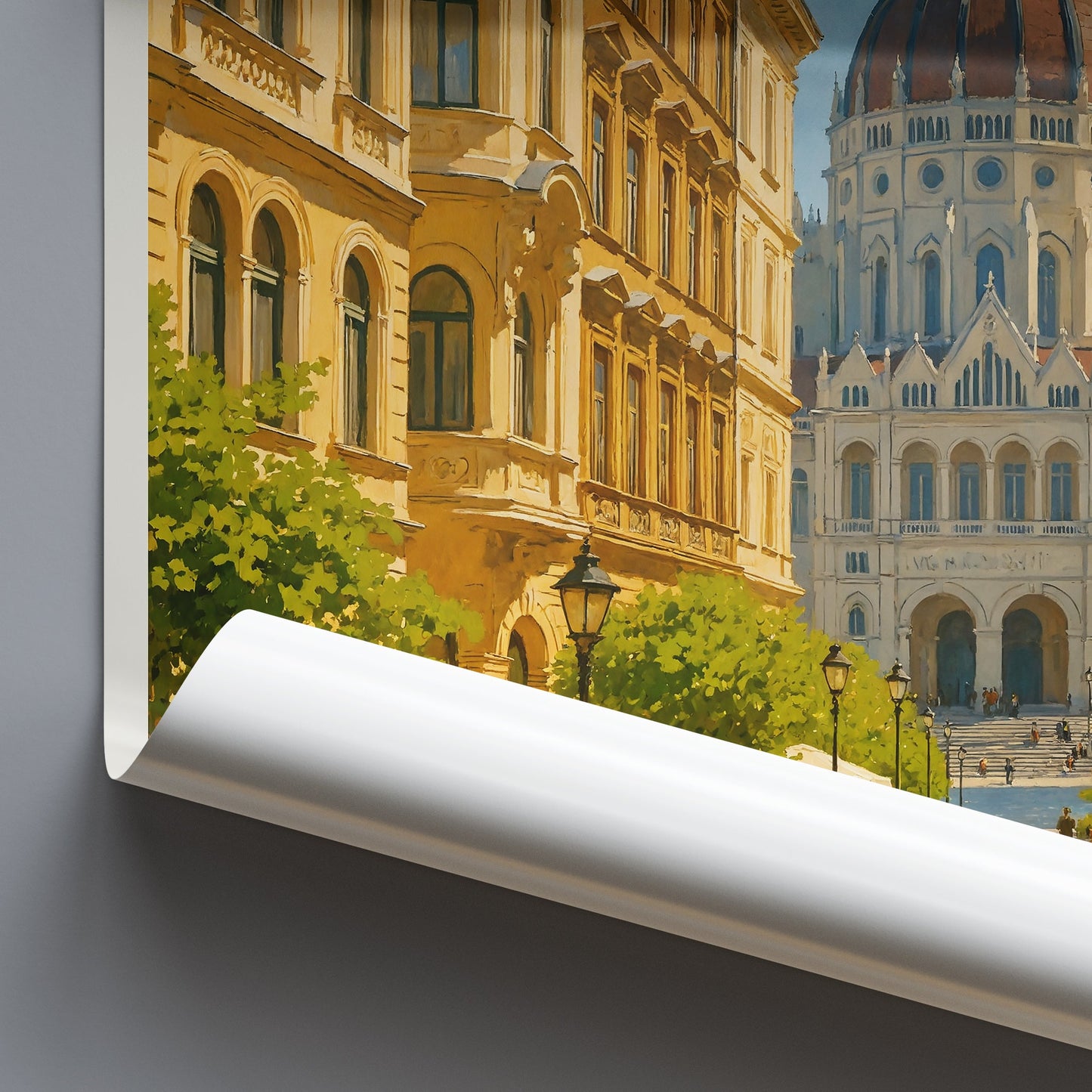 Budapest Travel Poster, Hungarian Parliament & Cafe Street ~ Hungary Painted Art Print | European Cityscape Home Decor | Grand Architecture Gift