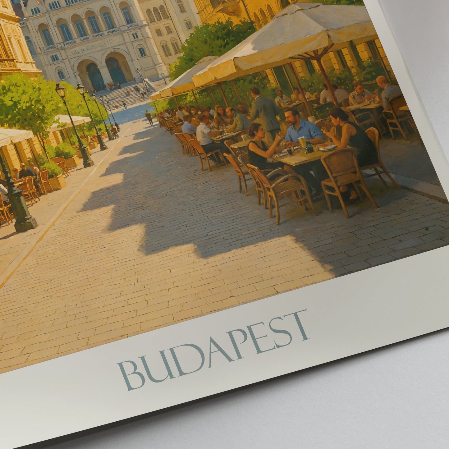 Budapest Travel Poster, Hungarian Parliament & Cafe Street ~ Hungary Painted Art Print | European Cityscape Home Decor | Grand Architecture Gift
