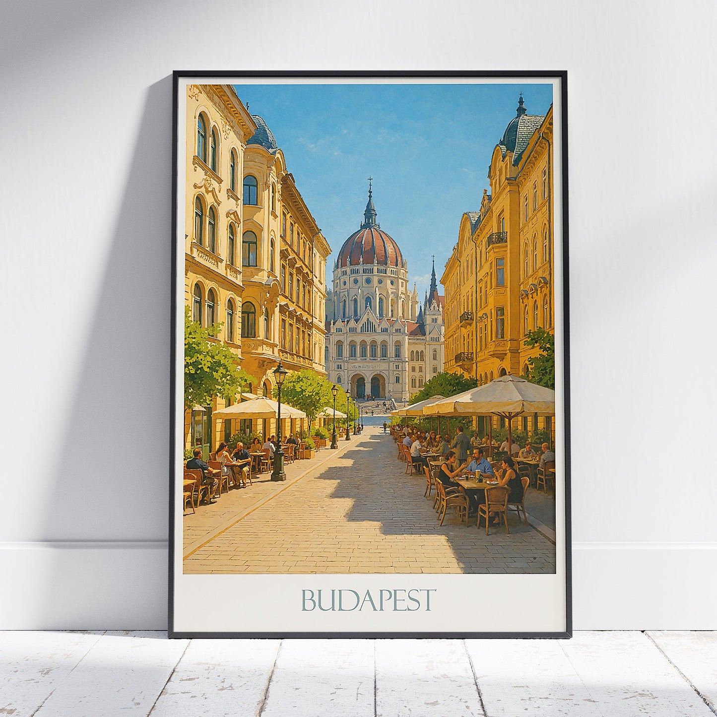 Budapest Travel Poster, Hungarian Parliament & Cafe Street ~ Hungary Painted Art Print | European Cityscape Home Decor | Grand Architecture Gift