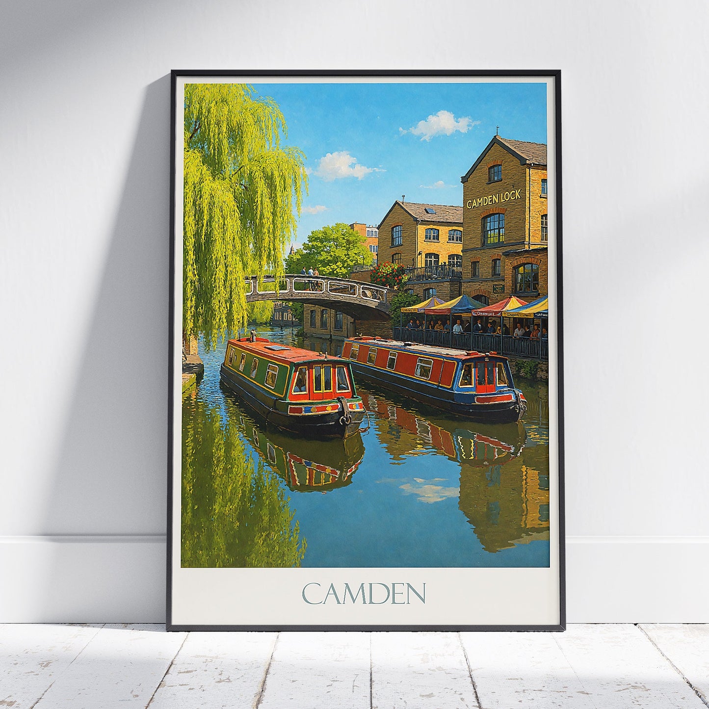 Camden Lock London Travel Poster | Regent's Canal Art Print | Colourful Narrowboats | Painterly UK Wall Art