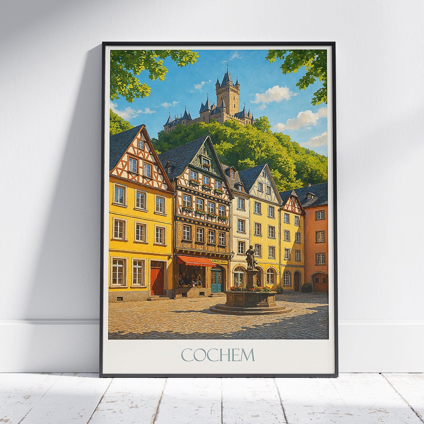 Cochem Travel Poster, Germany | Half-Timbered Town & Castle Painted Art Print | Mosel Valley Wall Decor | Historic European Gift