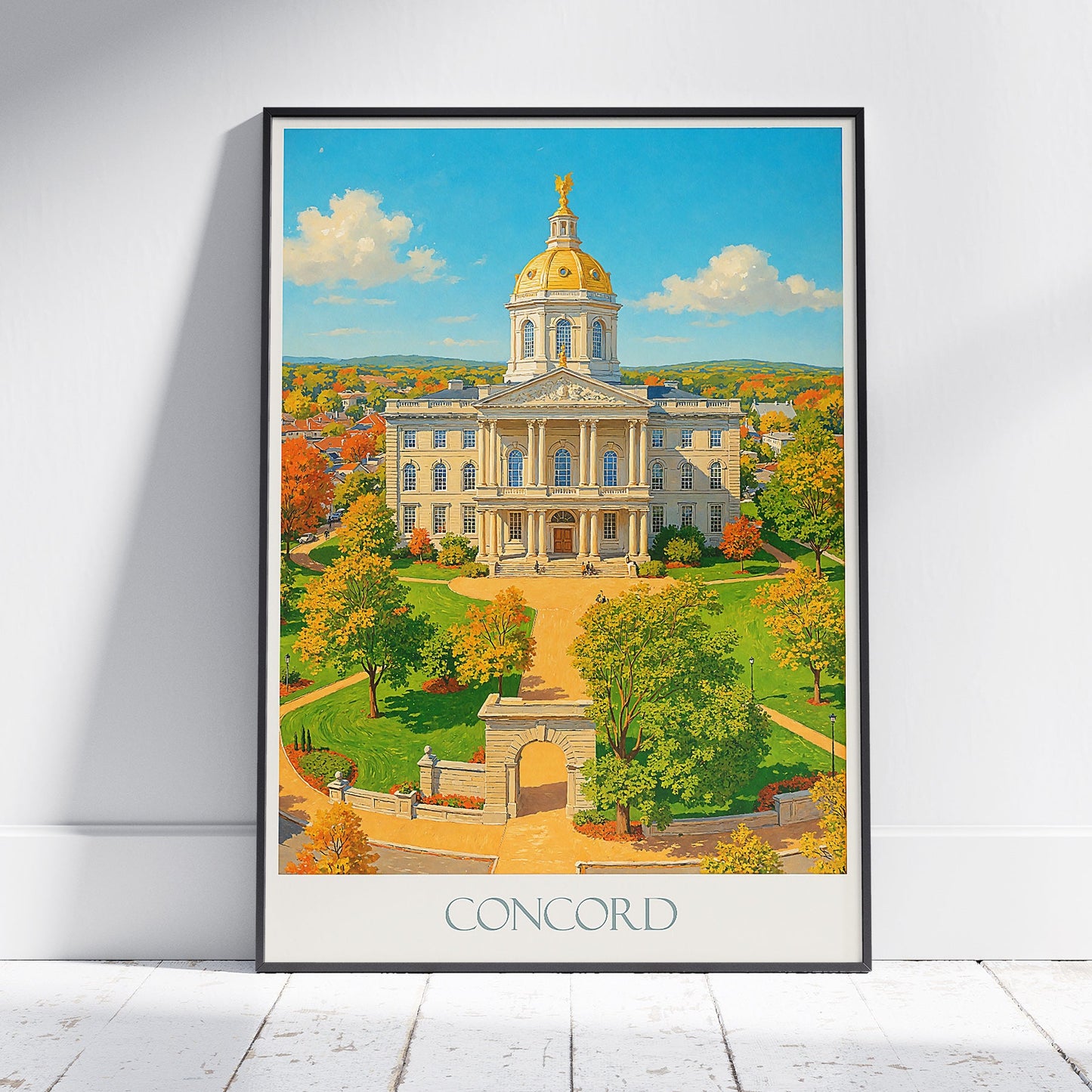 Concord New Hampshire Travel Poster, State House Fall Art Print | New England Autumn Decor | Historic Landmark Wall Art