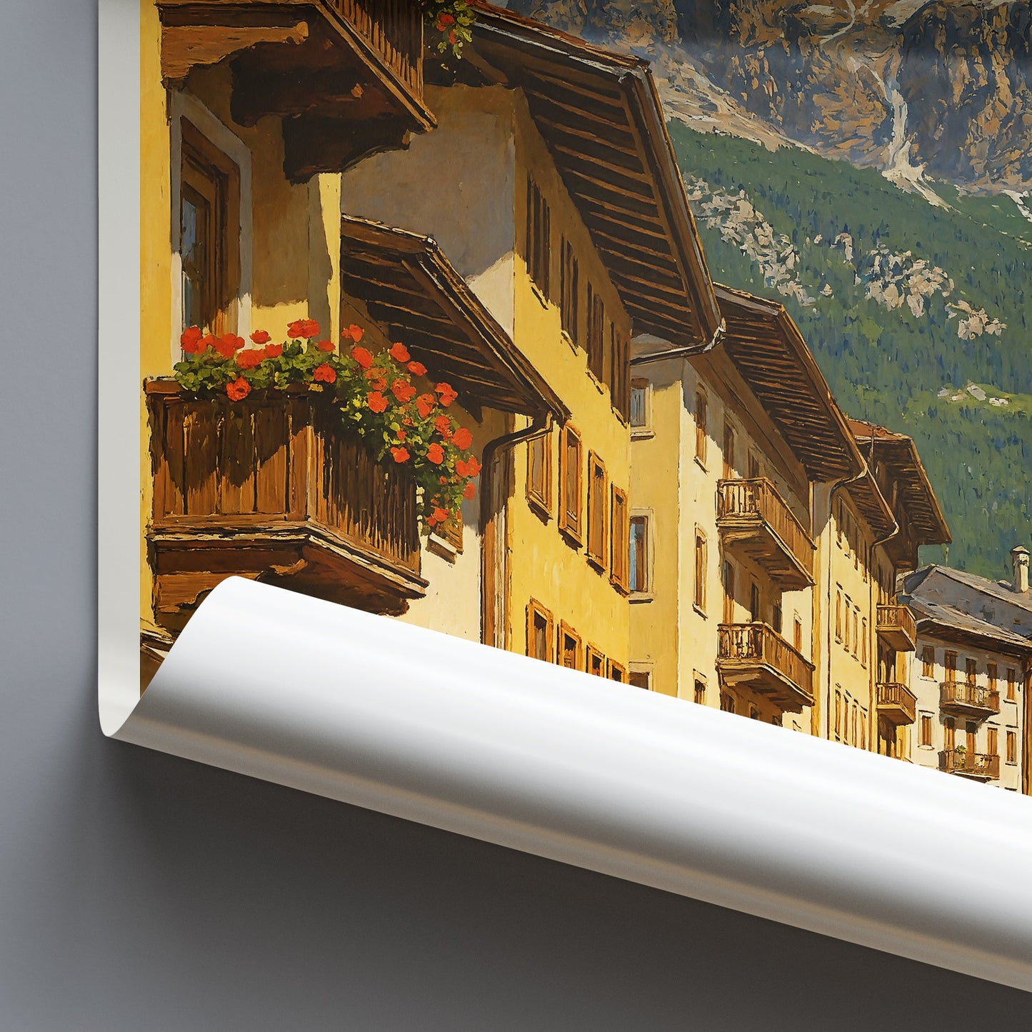 Cortina Dolomites Travel Poster | Italy Alpine Street Scene Art Print | Mountain Wall Decor & Gift