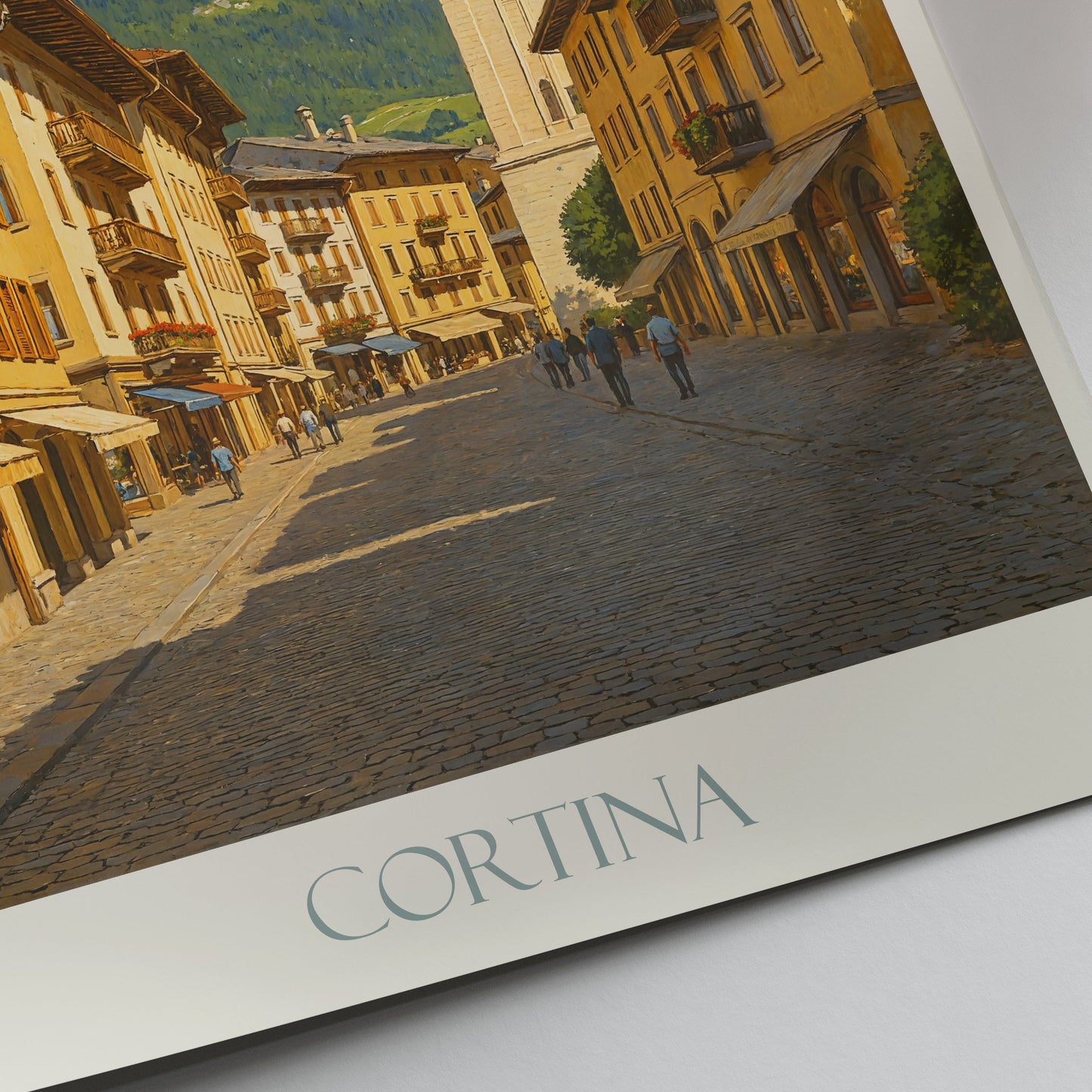 Cortina Dolomites Travel Poster | Italy Alpine Street Scene Art Print | Mountain Wall Decor & Gift