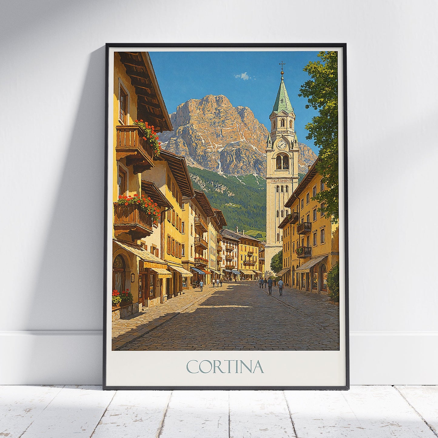 Cortina Dolomites Travel Poster | Italy Alpine Street Scene Art Print | Mountain Wall Decor & Gift