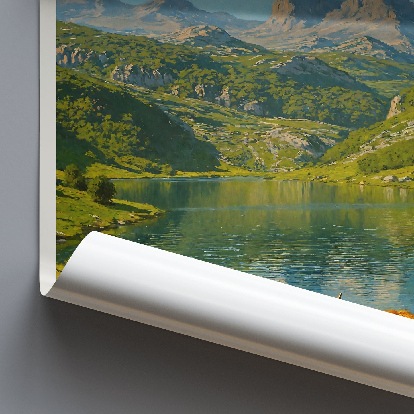 Covadonga Travel Poster | Serene Mountain Lake Art Print | Spain Landscape with Cow | Nature Lover Gift & Home Decor
