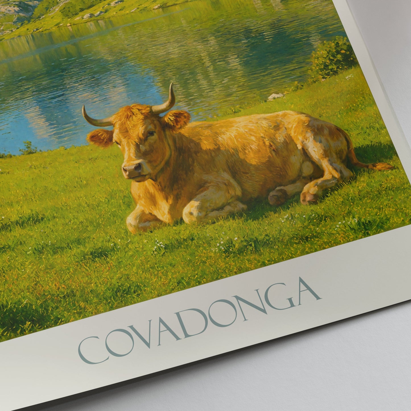 Covadonga Travel Poster | Serene Mountain Lake Art Print | Spain Landscape with Cow | Nature Lover Gift & Home Decor