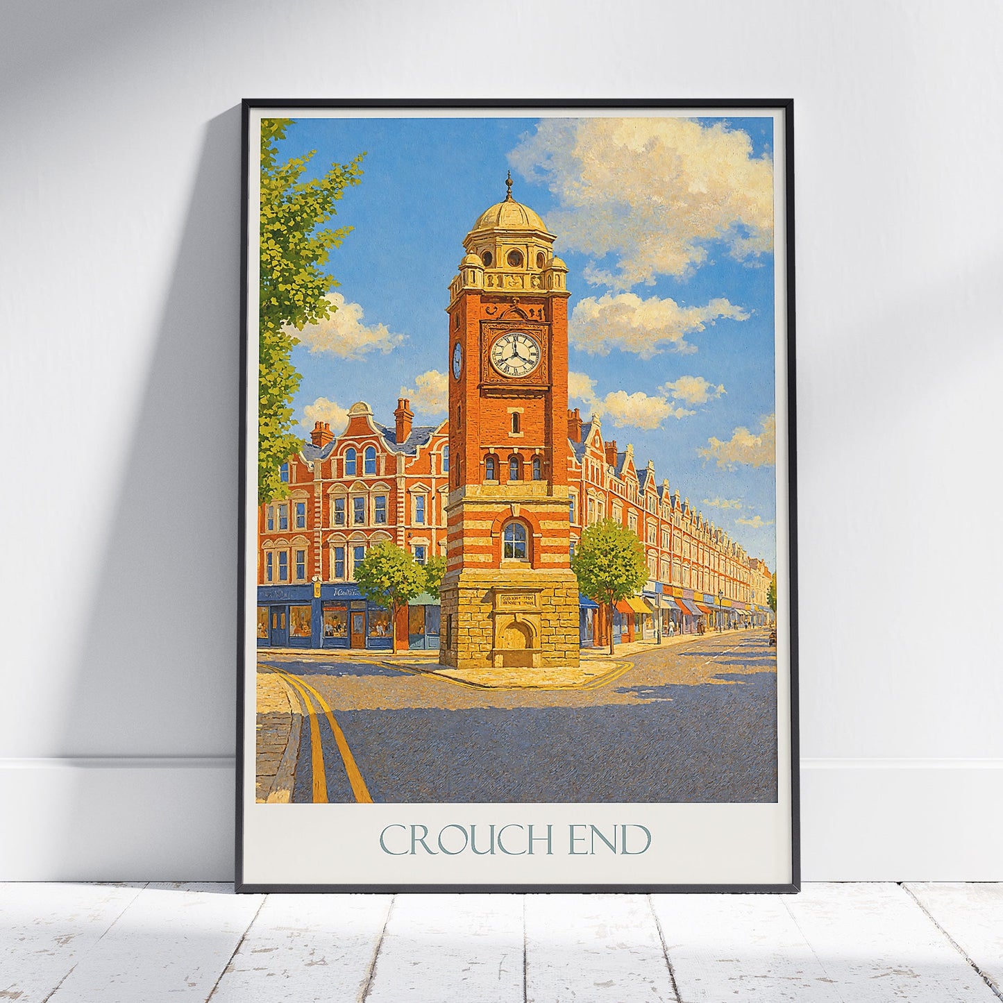 Crouch End London Travel Poster | Iconic Clock Tower Art Print | UK Street Scene Wall Decor