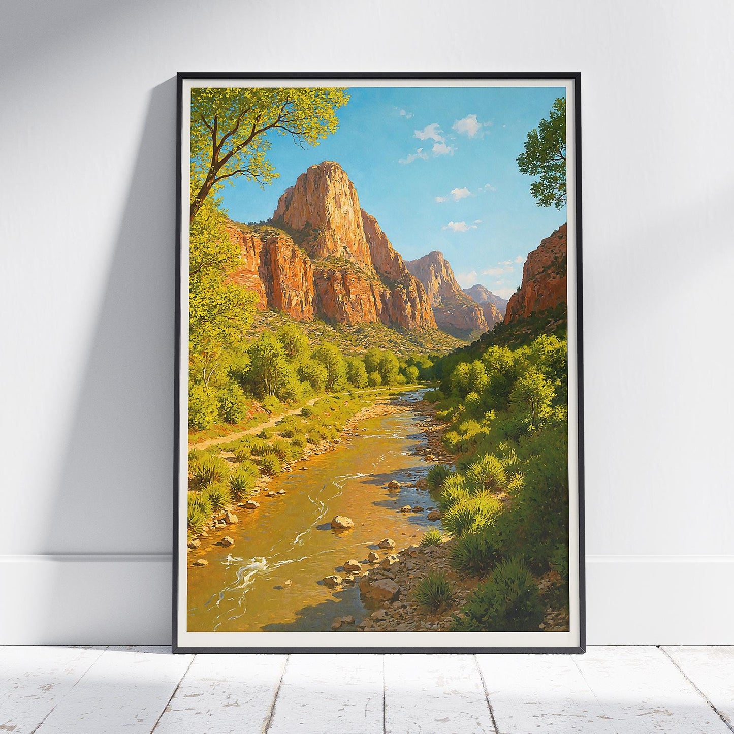 a painting of a river in the mountains