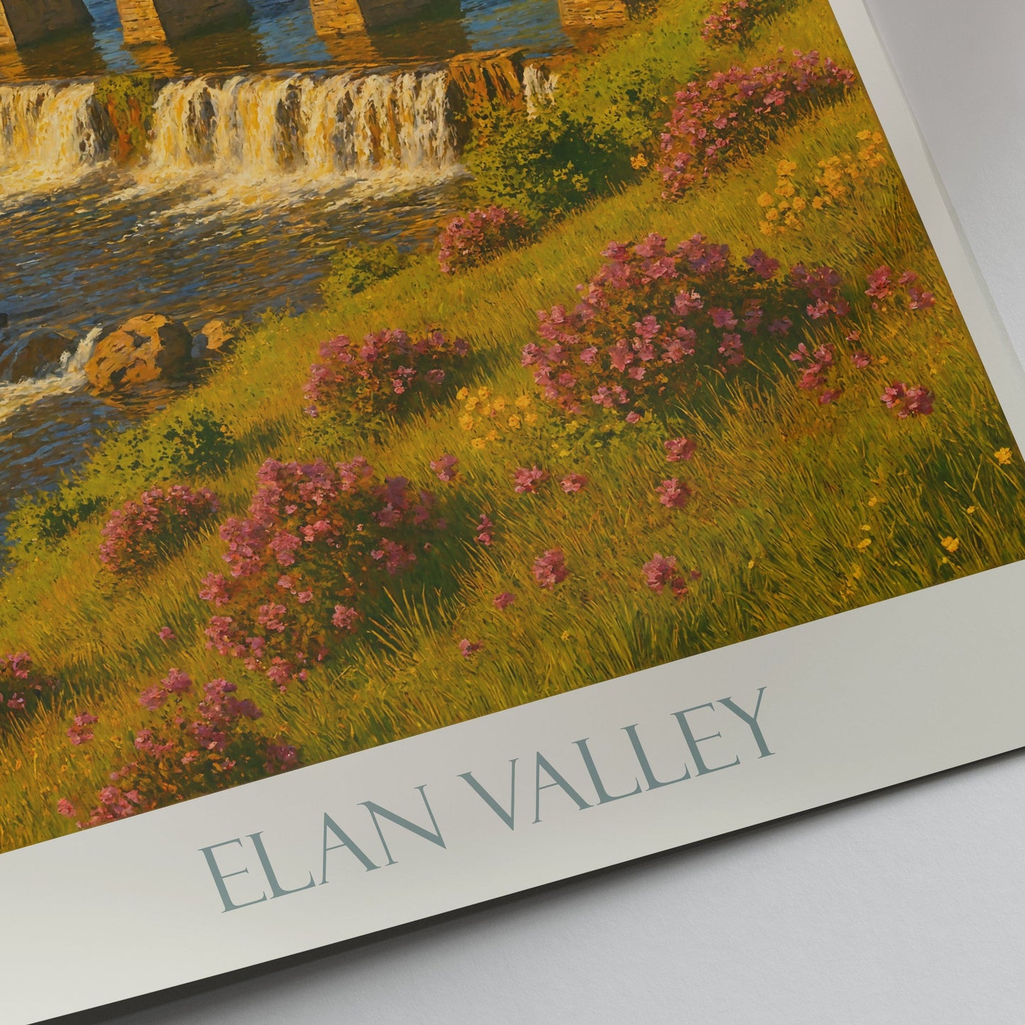 Elan Valley Travel Poster | Golden Arches Viaduct Welsh Landscape Print | UK Nature Art Decor | United Kingdom Wall Art