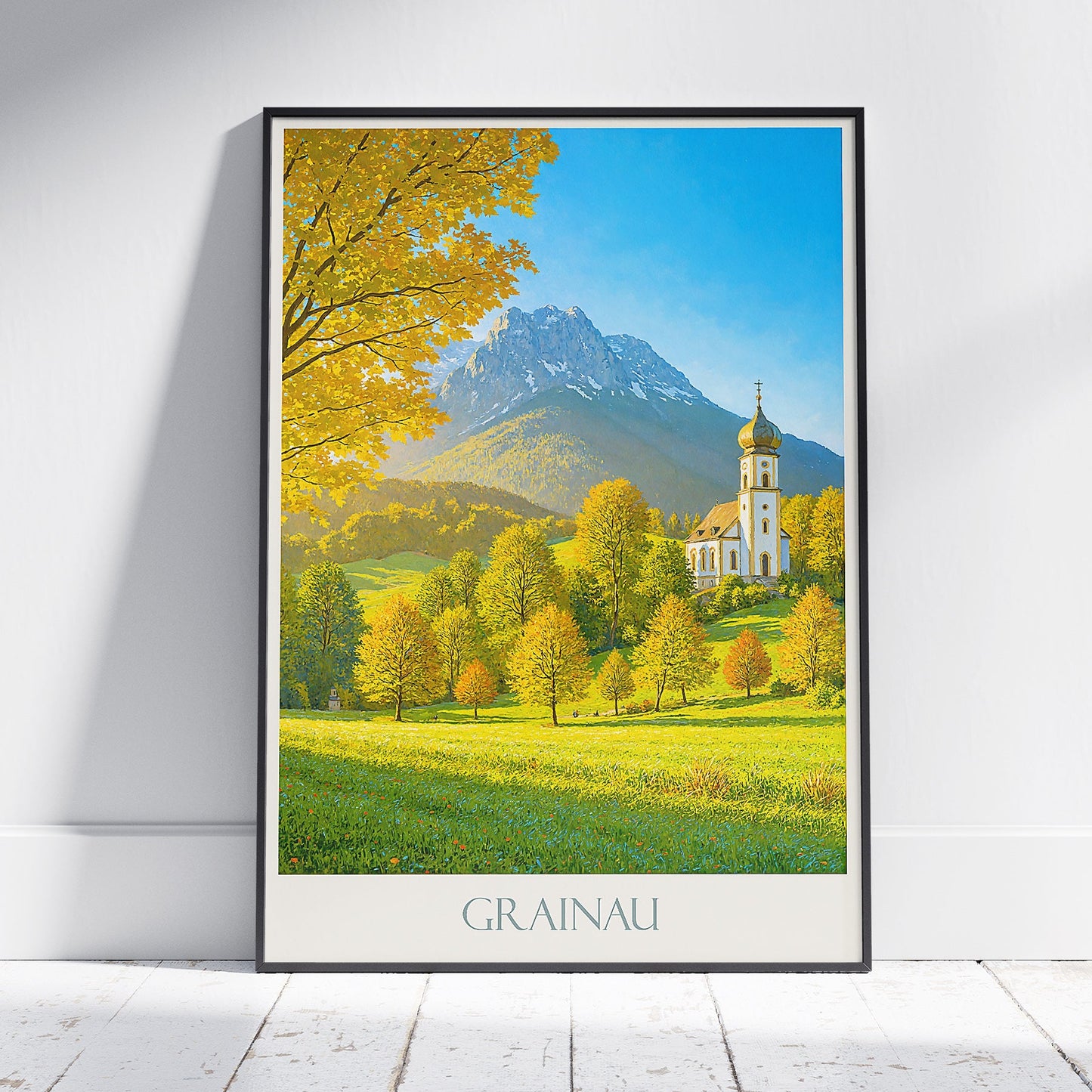 Grainau Germany Travel Poster, Zugspitze Mountain View ~ Bavarian Alps Church Art Print | Autumn Landscape Home Decor