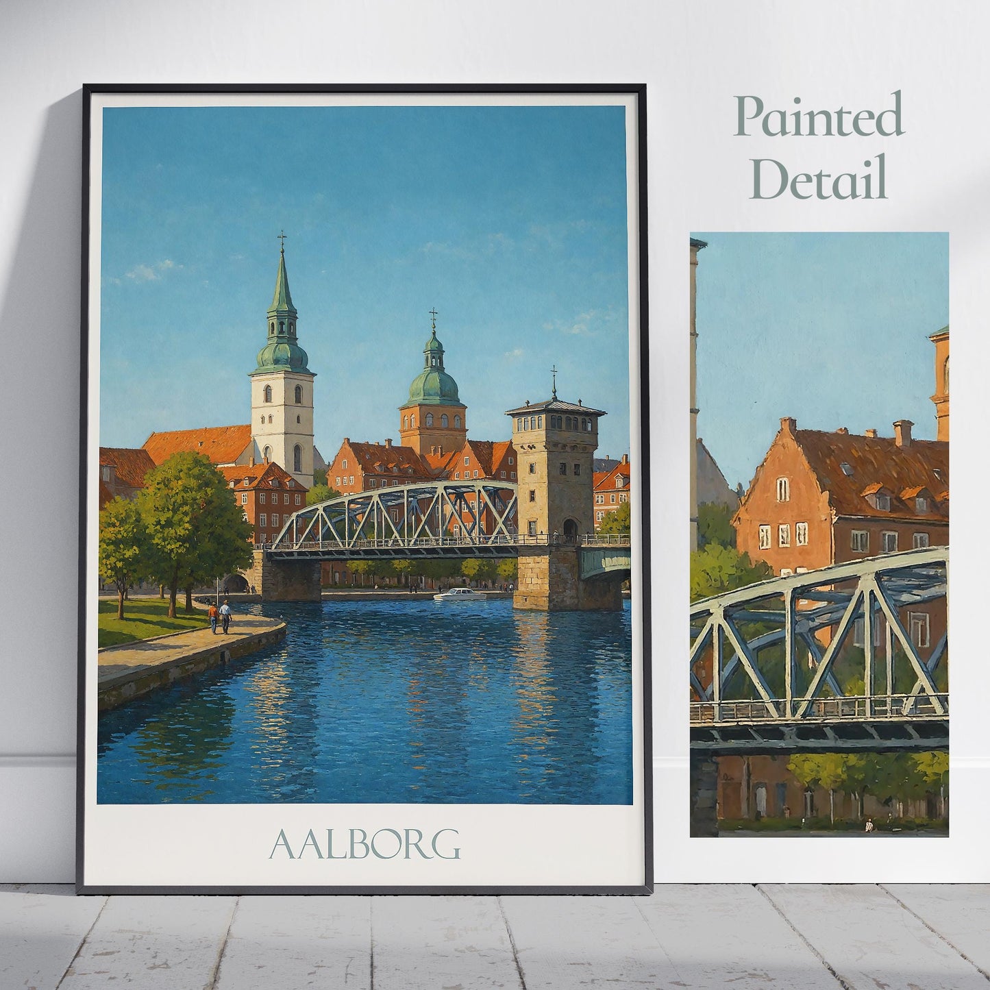 Aalborg Travel Poster, Denmark - Framed Painted Wall Art Print, Personalized Home Decor Gift | Scandinavian Cityscape Vacation Souvenir