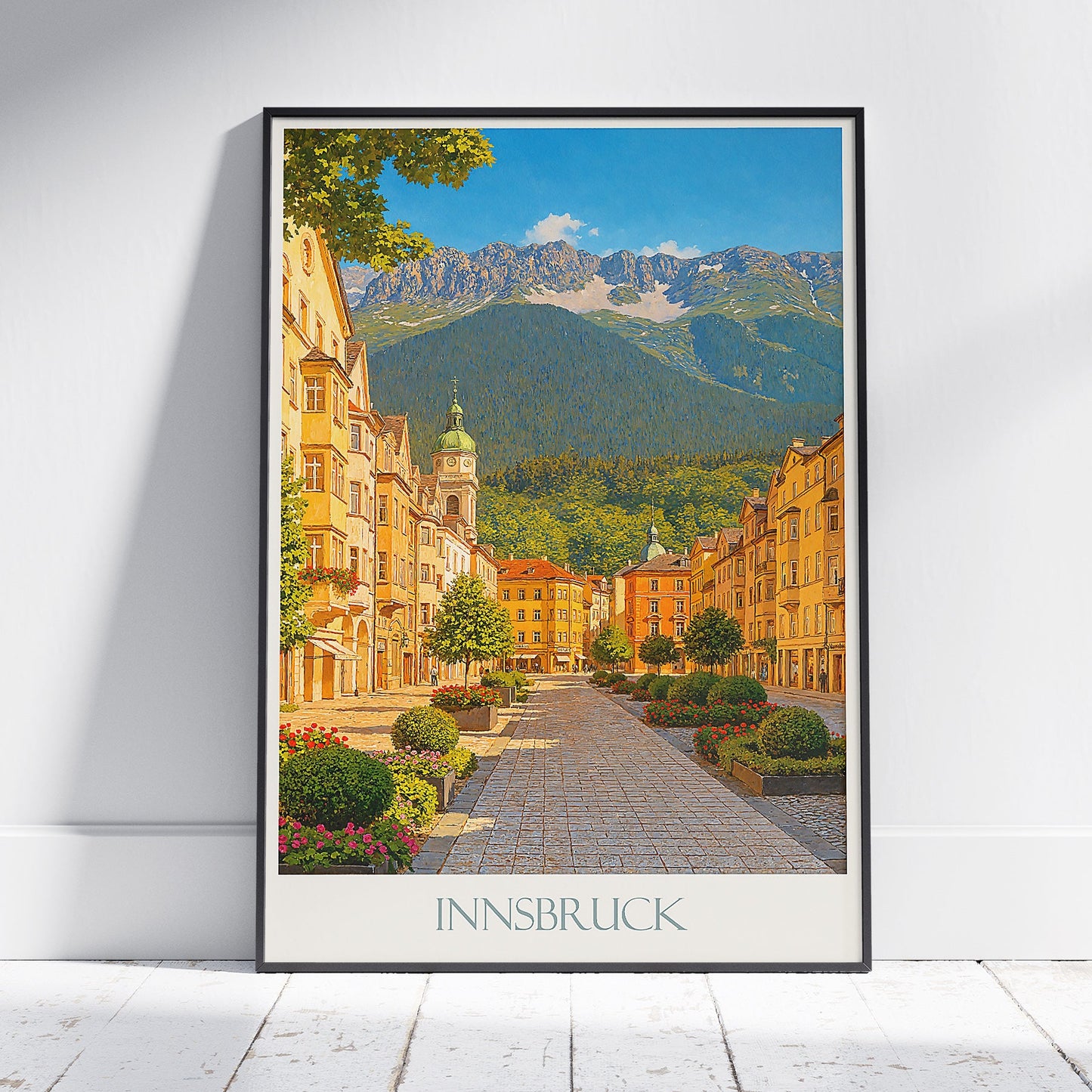 Innsbruck Travel Poster | Austrian Alps Mountain View Art Print | Charming Old Town Street Wall Art & Decor