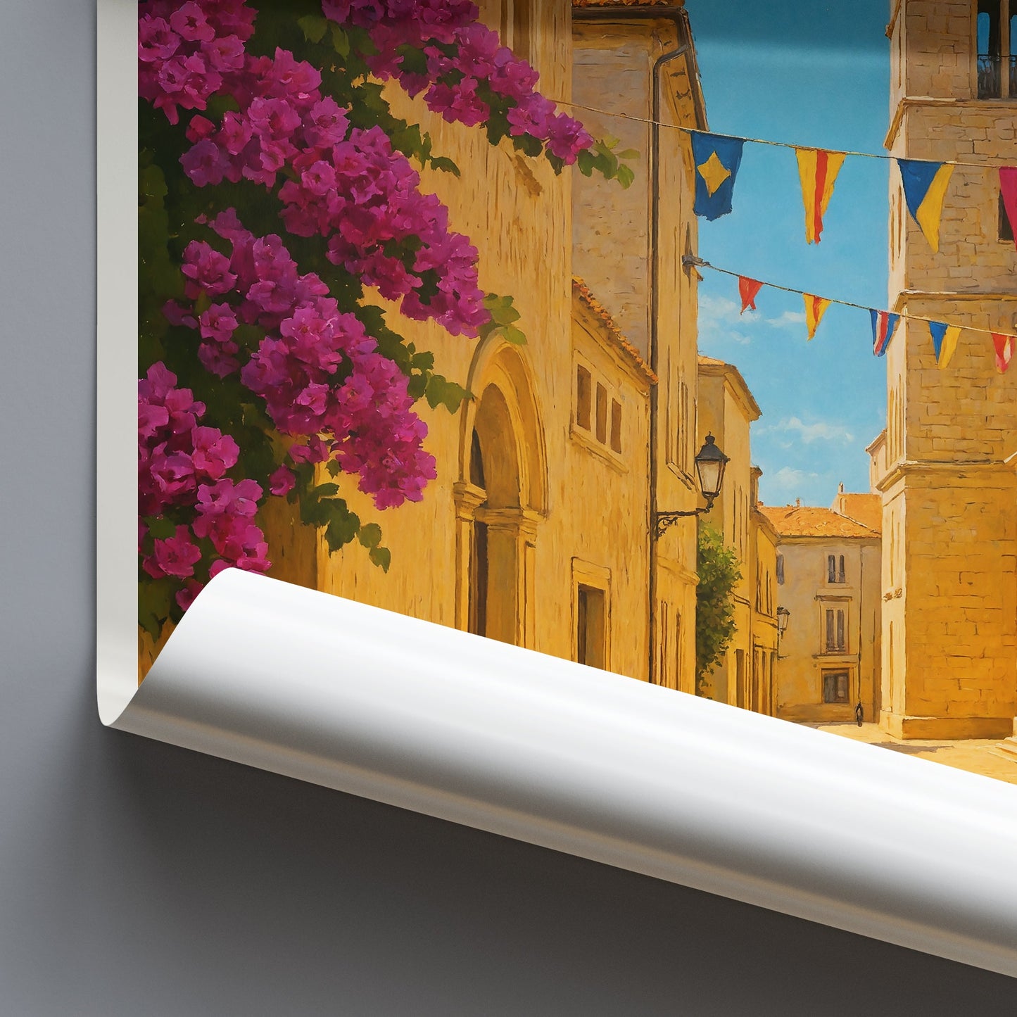 Korcula Travel Poster, Historic Street View ~ Croatia Bell Tower Art Print | Mediterranean Bougainvillea Wall Decor