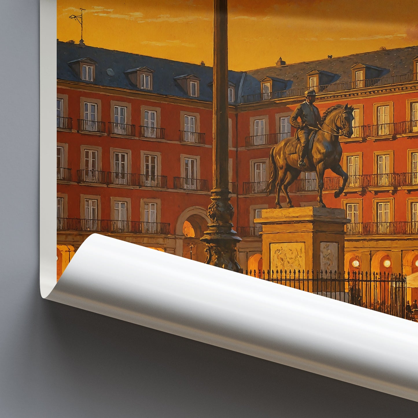 Madrid Travel Poster, Plaza Mayor Sunset ~ Spain Painted Wall Art Print | European City Home Decor | Unique Vacation Gift