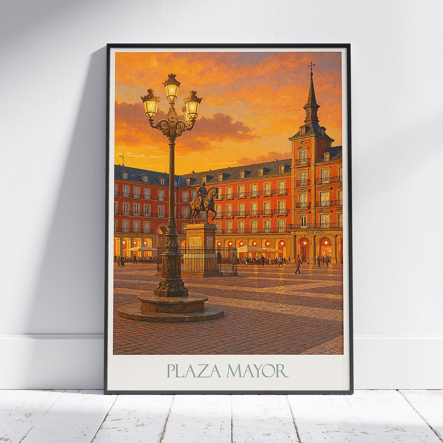 Madrid Travel Poster, Plaza Mayor Sunset ~ Spain Painted Wall Art Print | European City Home Decor | Unique Vacation Gift