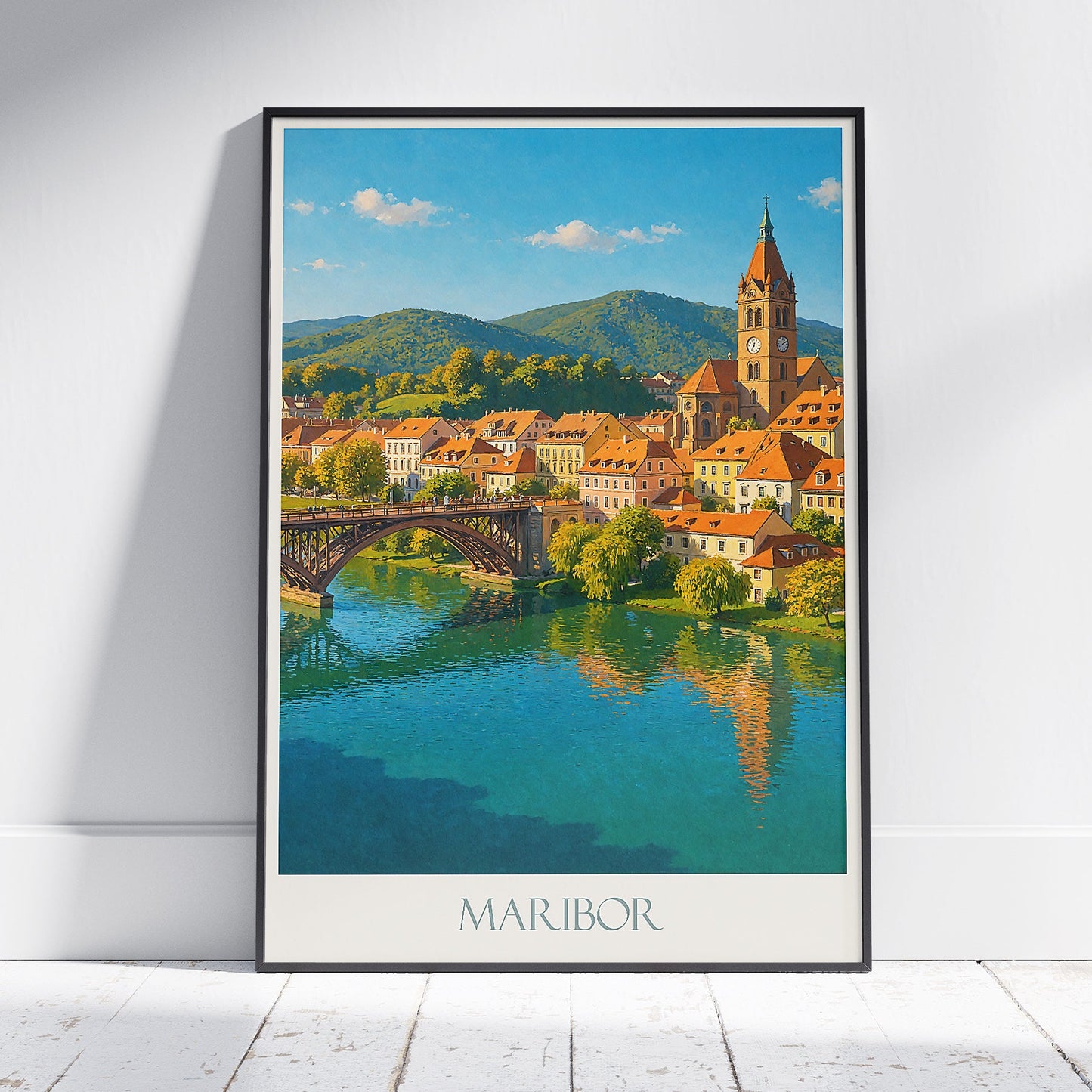 Maribor Slovenia Travel Poster | River Cityscape Art Print | Vibrant European Wall Decor | Architectural Painting | Vacation Gift