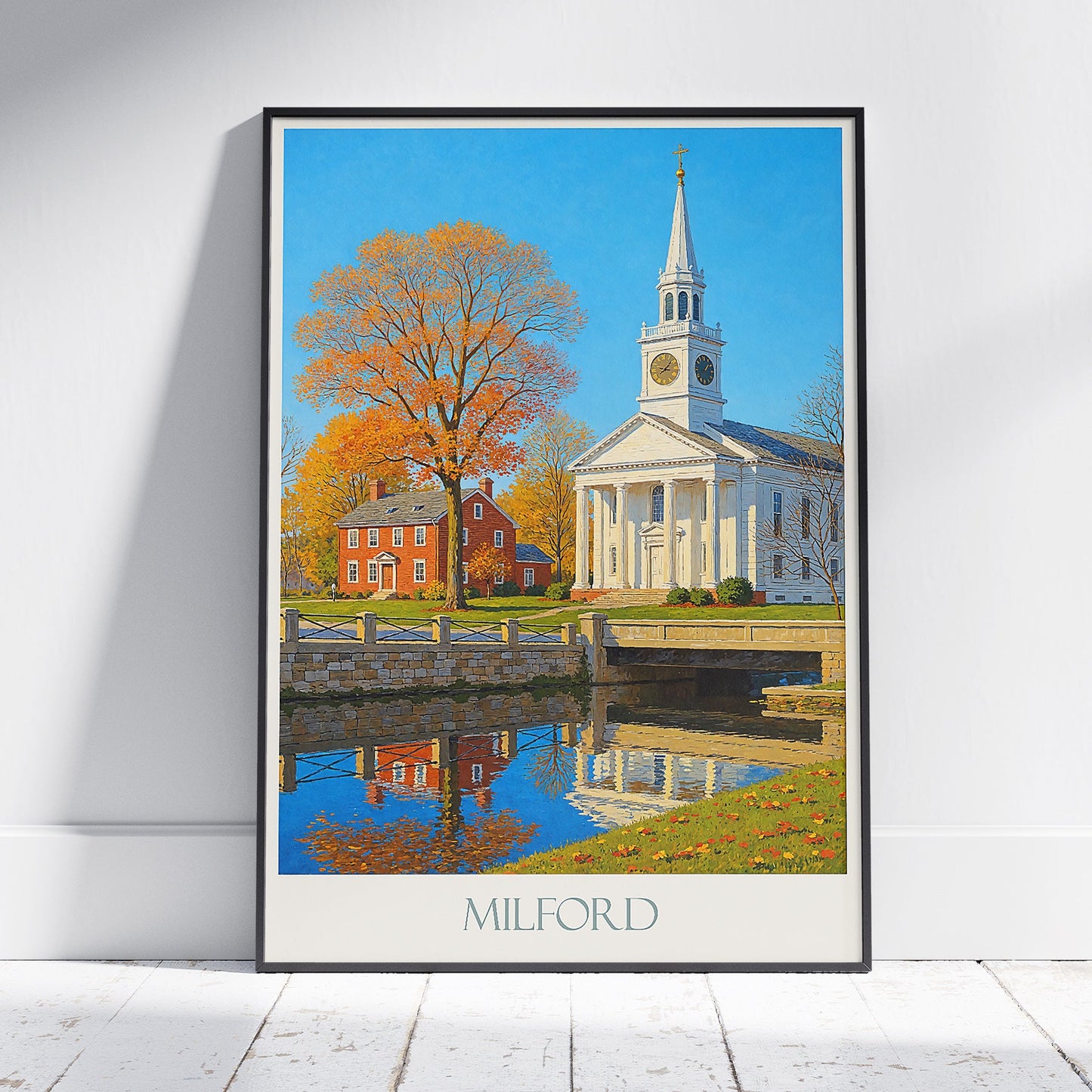 Milford Travel Poster | New England Autumn Art Print | Classic Church & Fall Foliage Decor