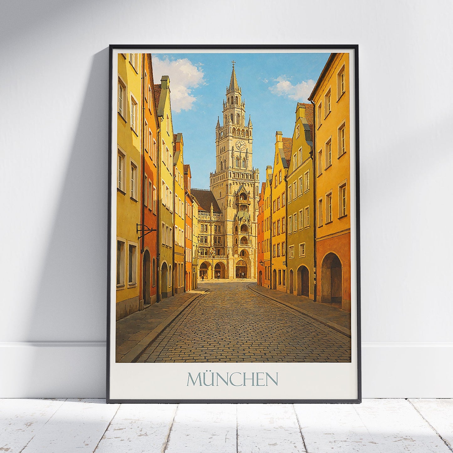 Munich Travel Poster, Neues Rathaus Art Print | Colorful Old Town Street Wall Art | Germany Cityscape Decor