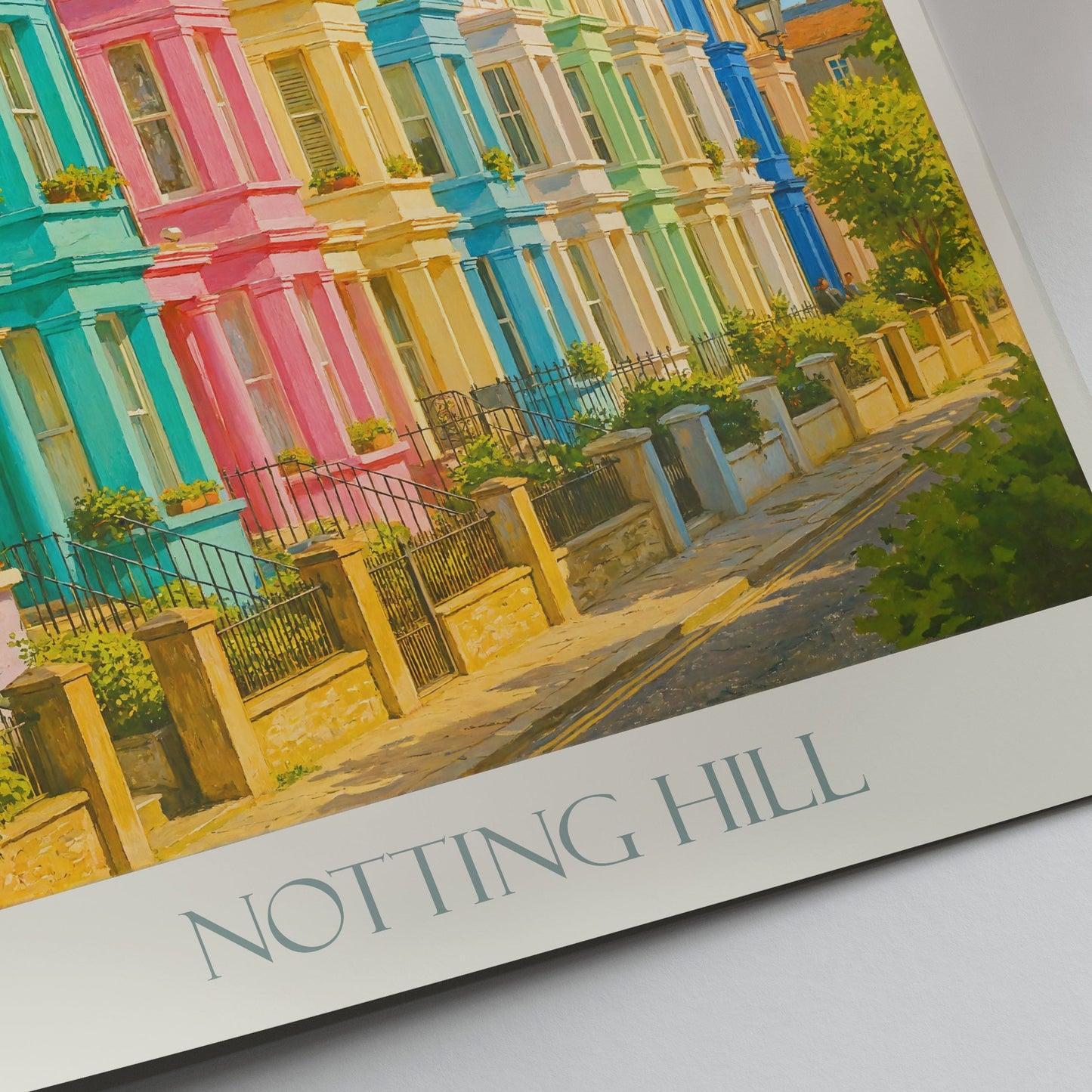 Notting Hill Travel Poster, Colorful London Homes Art Print ~ Vibrant Cityscape Wall Art | UK Vacation Gift