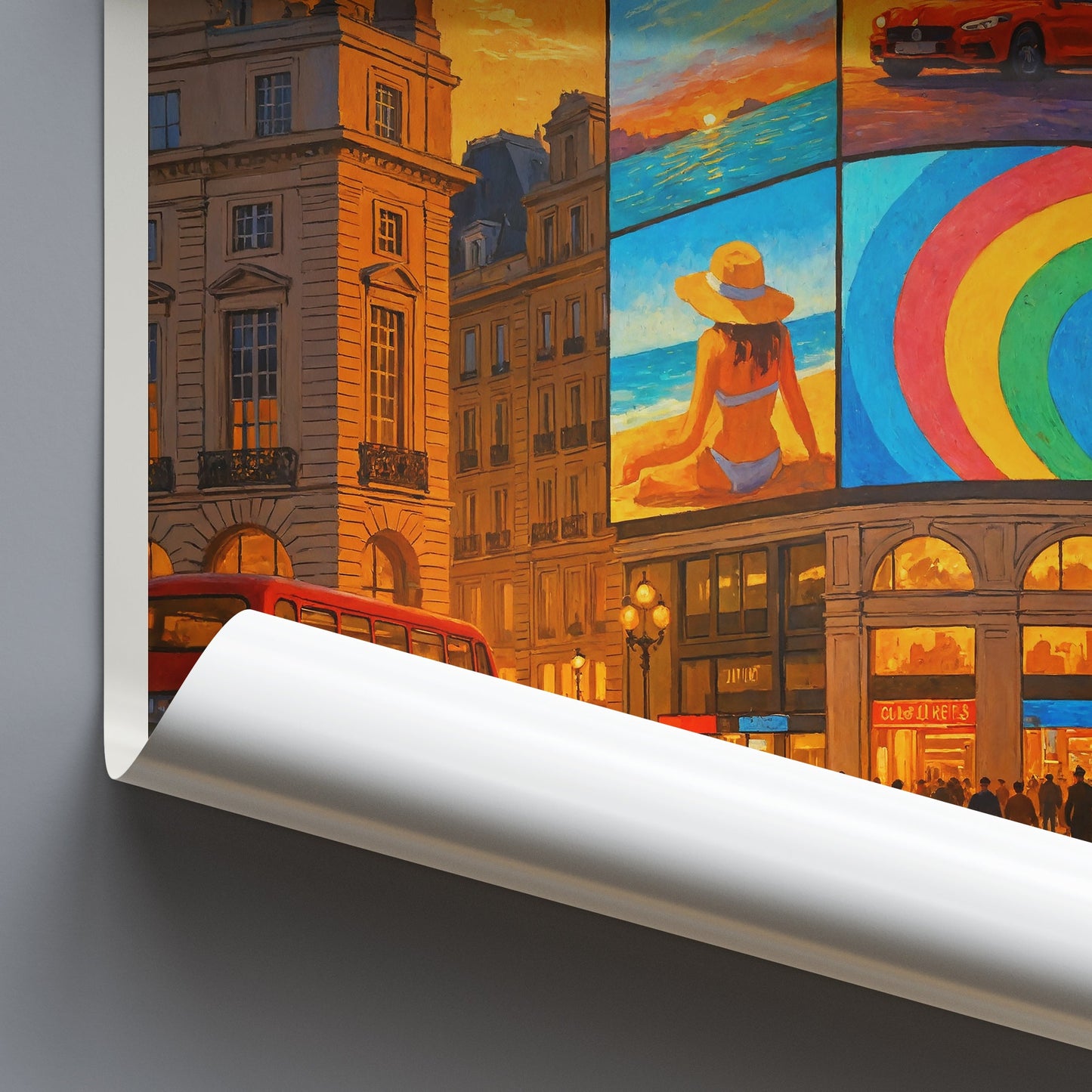 Piccadilly Circus Travel Poster | Sunset London Art Print | Iconic UK Cityscape Wall Decor | British Double Decker Bus Artwork