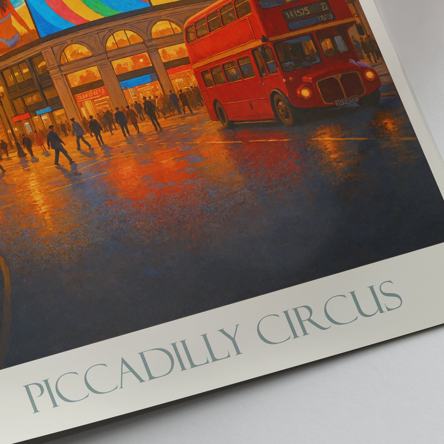 Piccadilly Circus Travel Poster | Sunset London Art Print | Iconic UK Cityscape Wall Decor | British Double Decker Bus Artwork
