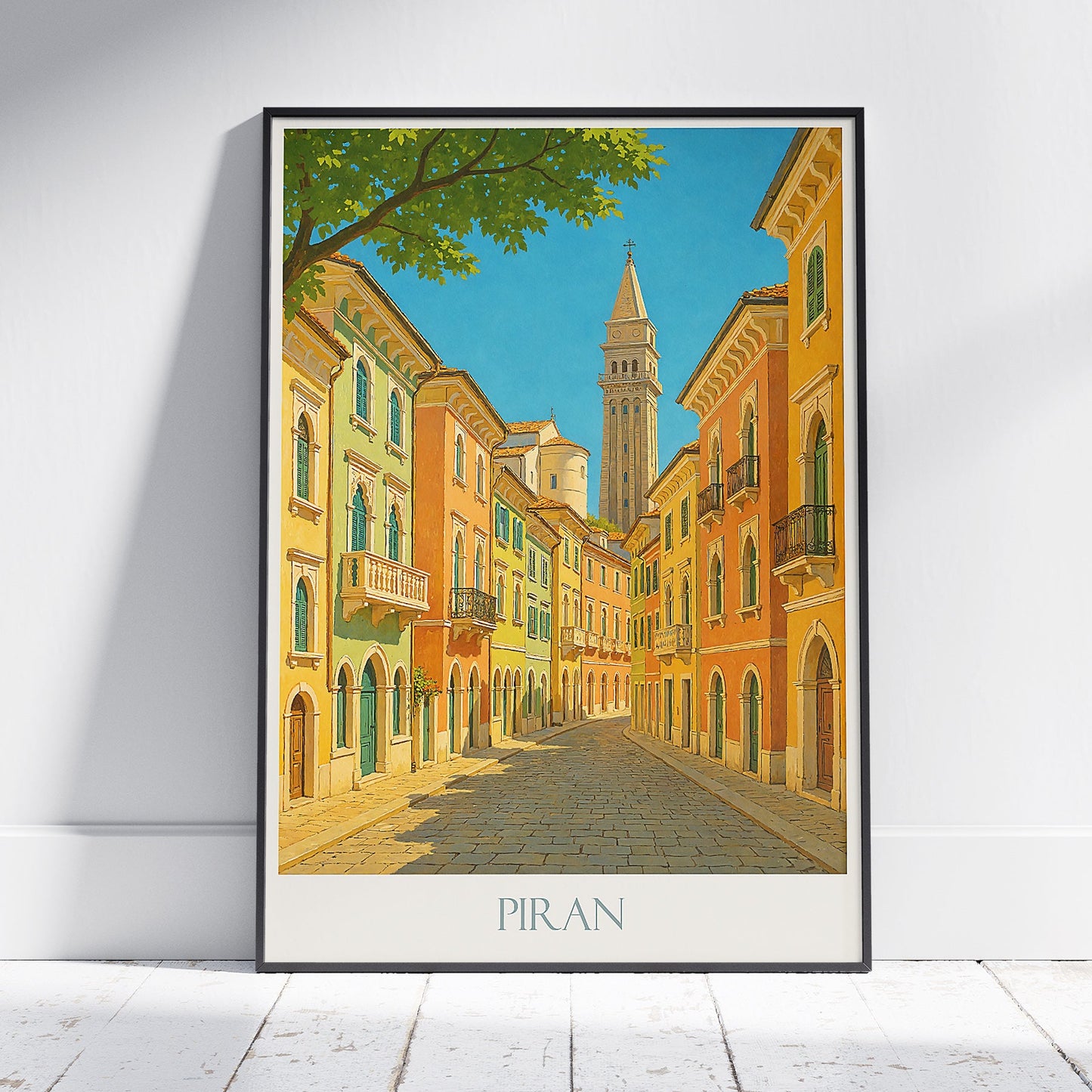Piran Slovenia Travel Poster, Pastel Architecture Wall Art Print | St. George Bell Tower | Adriatic Coast Decor