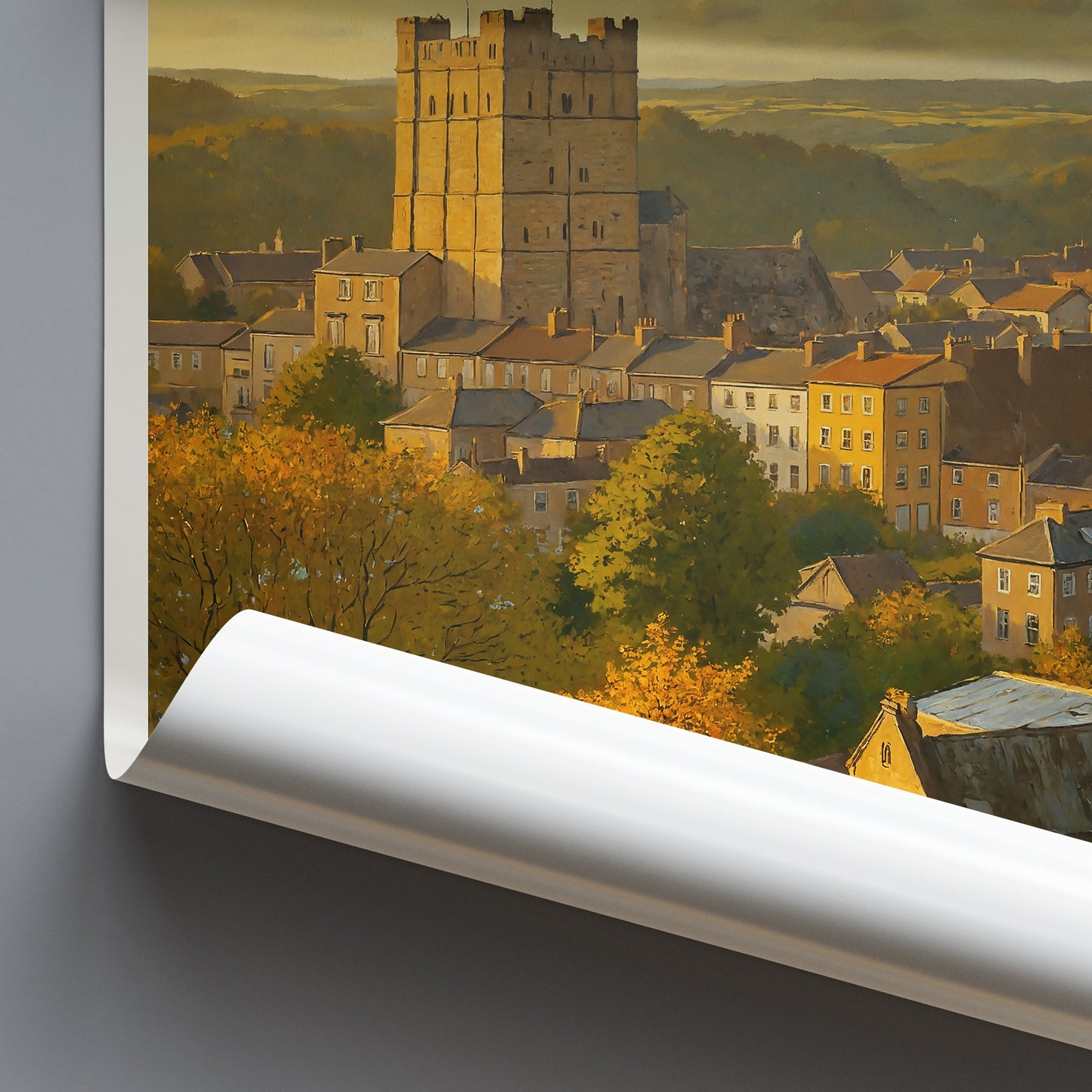 Richmond England Travel Poster, Castle Sunset View | Autumn Painted Wall Art Print | UK Cityscape Home Decor