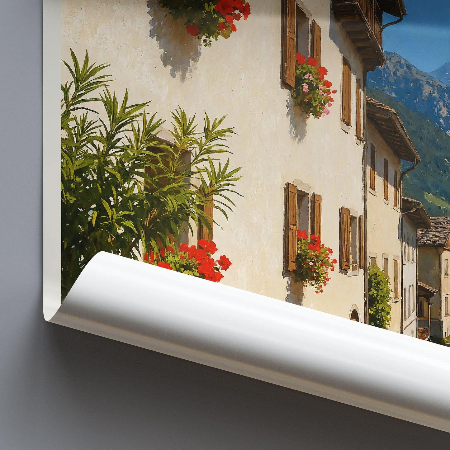 Soglio Switzerland Travel Poster | Charming Alpine Village Street Scene Painted Art Print | European Mountain Landscape Wall Decor
