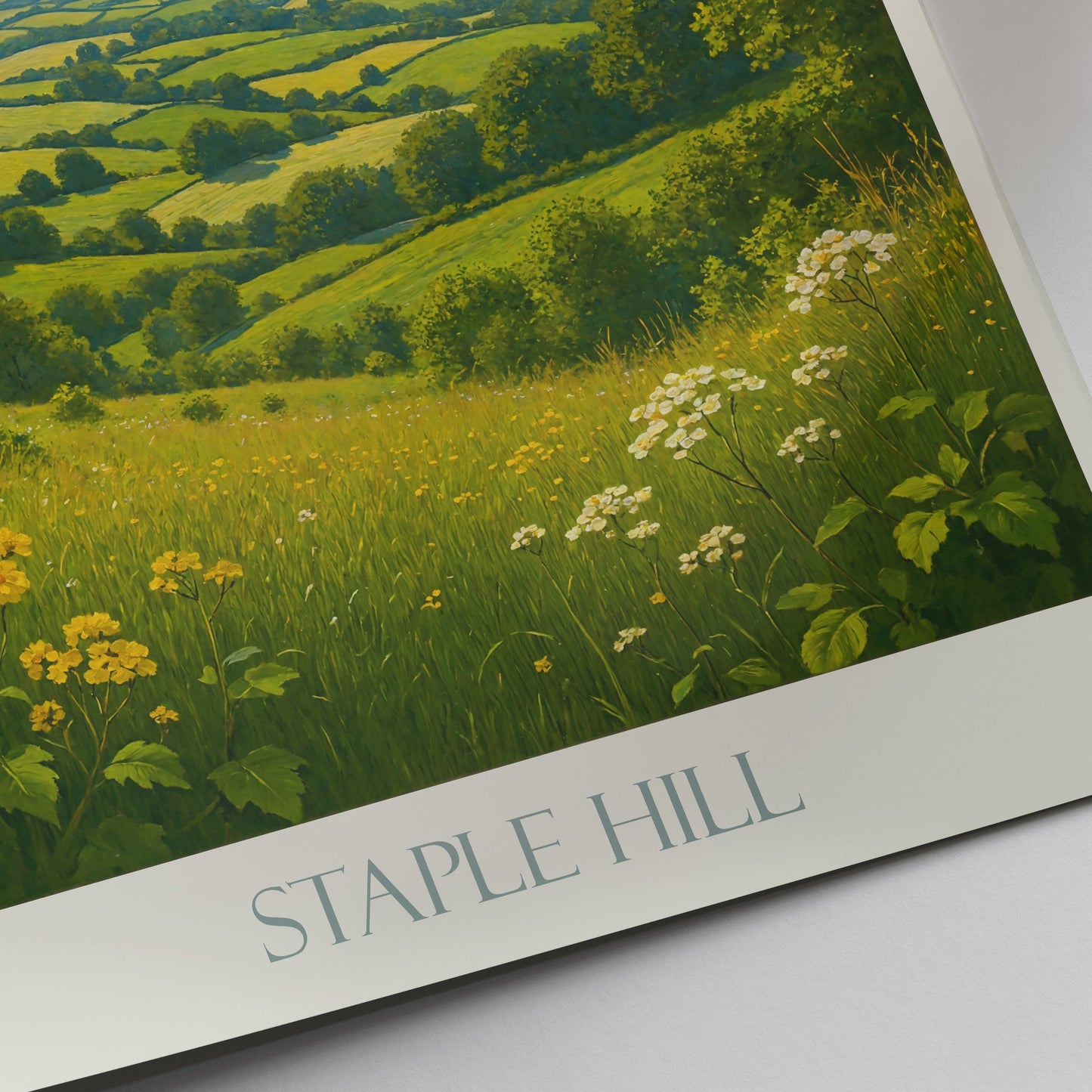 Staple Hill Panorama Travel Poster | English Countryside Landscape Print | Green Hills Nature Wall Art & Home Decor
