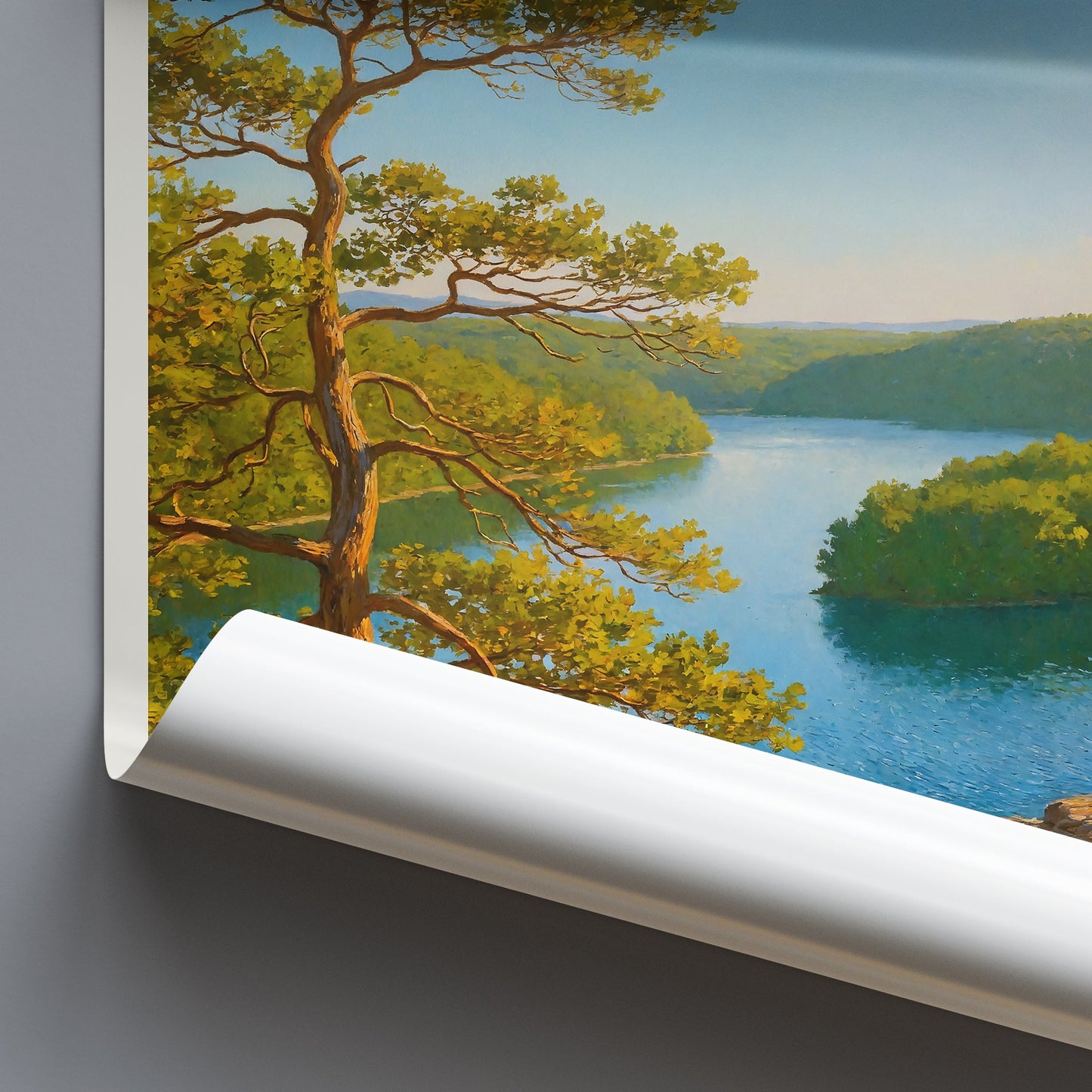 Sunset View Reservoir Art Print, Serene Lake & Island Painting | Nature Landscape Wall Art | Digital Oil Painting Decor