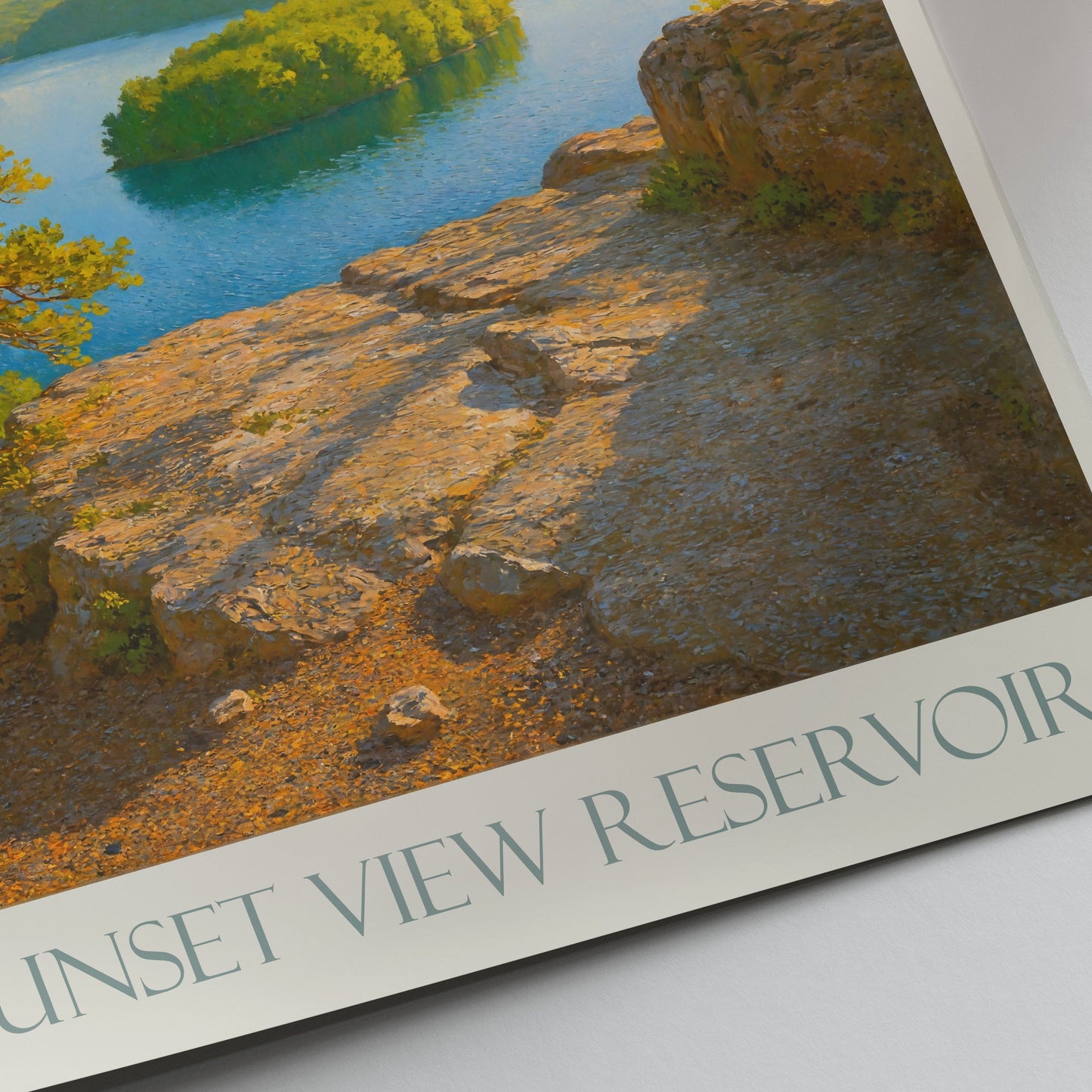 Sunset View Reservoir Art Print, Serene Lake & Island Painting | Nature Landscape Wall Art | Digital Oil Painting Decor
