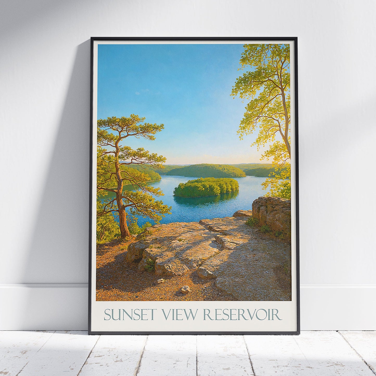 Sunset View Reservoir Art Print, Serene Lake & Island Painting | Nature Landscape Wall Art | Digital Oil Painting Decor