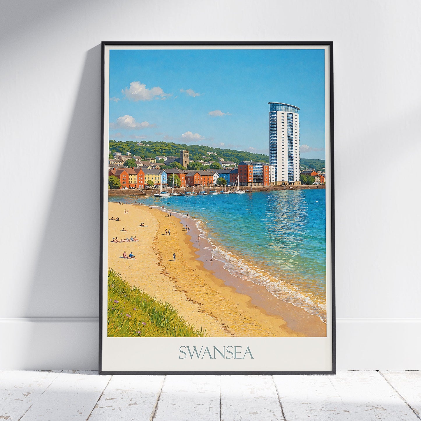 Swansea Travel Poster | Wales Beach Art Print | UK Coastal Cityscape | Impasto Style Wall Art