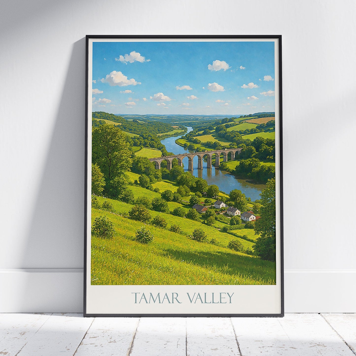 Tamar Valley Travel Poster, Calstock Viaduct | Cornwall UK Art Print | Devon Landscape Wall Decor | River Countryside Painting