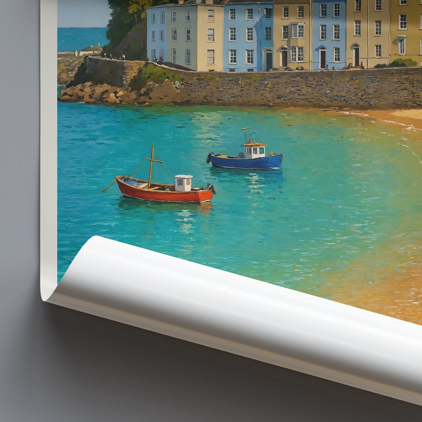 Tenby Travel Poster | Pembrokeshire Wales Coastal Art Print | Colorful Houses Wall Decor | UK Beach Scene Gift