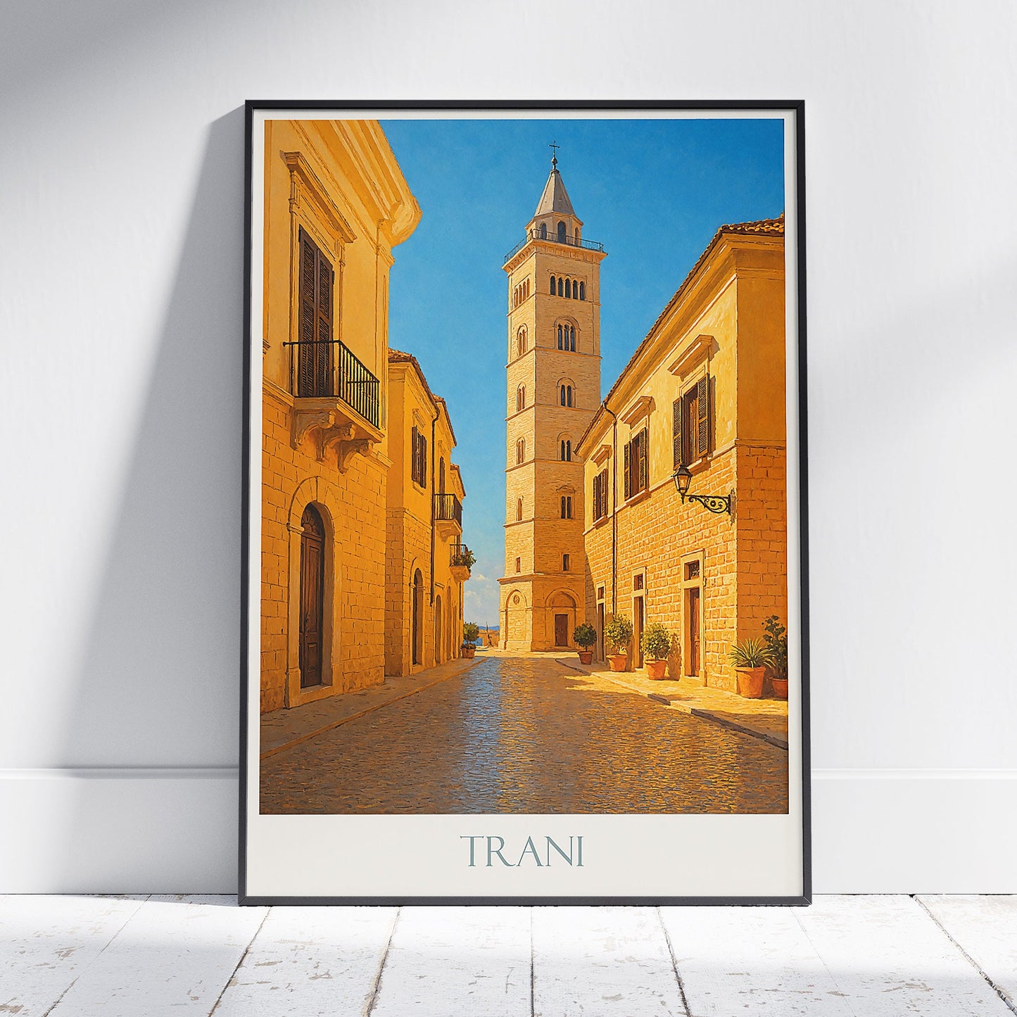 Trani Italy Travel Poster | Torre di Trani Cathedral Bell Tower Art Print | Historic Puglia Wall Decor | Italian Cityscape Art Gift