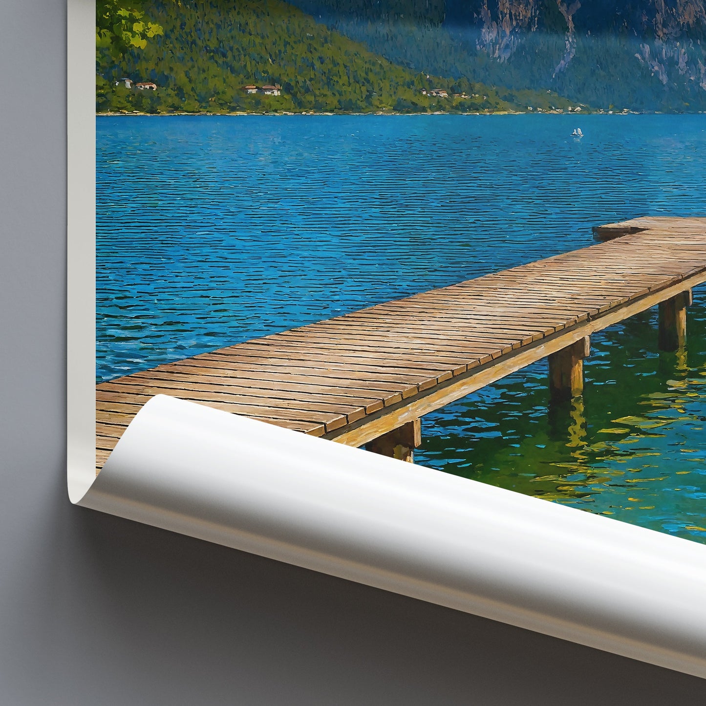 Traunsee Travel Poster, Serene Austrian Lake Art Print | Mountain Landscape Wall Decor with Swan & Pier